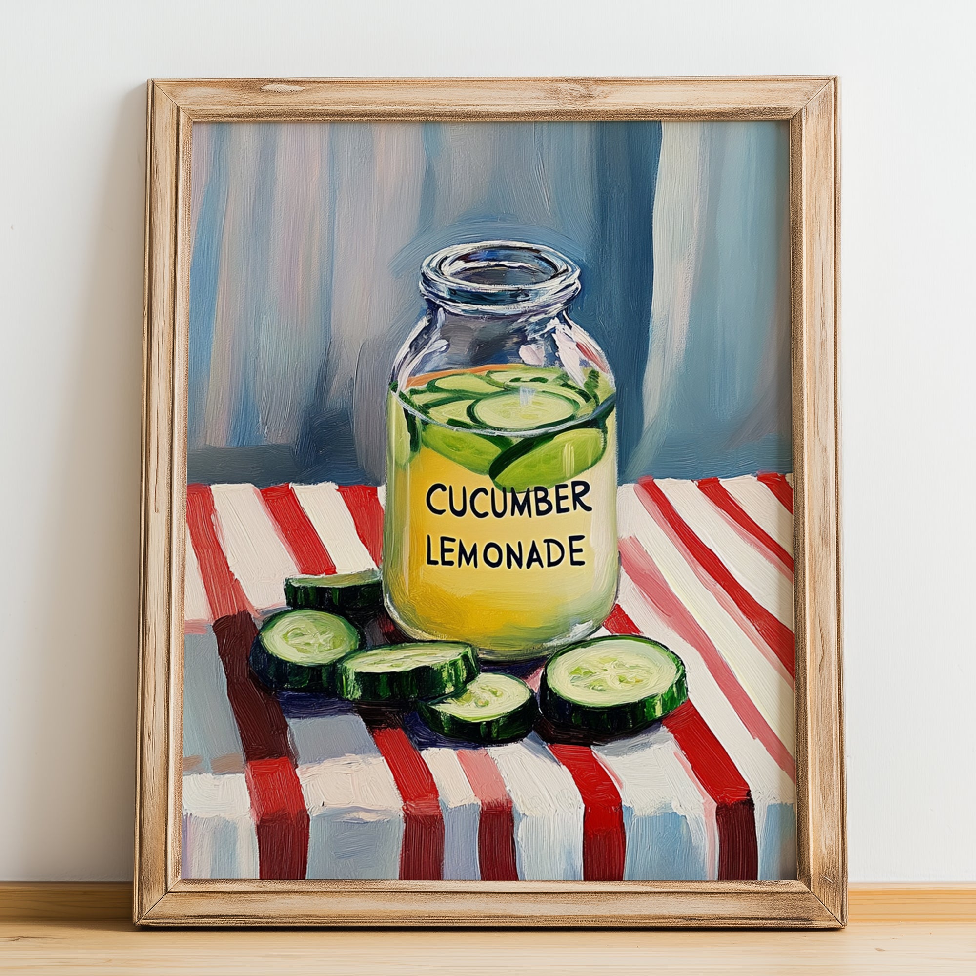 Cucumber Lemonade – on Striped Tablecloth, Lemonade Poster, no-text version framed in wood