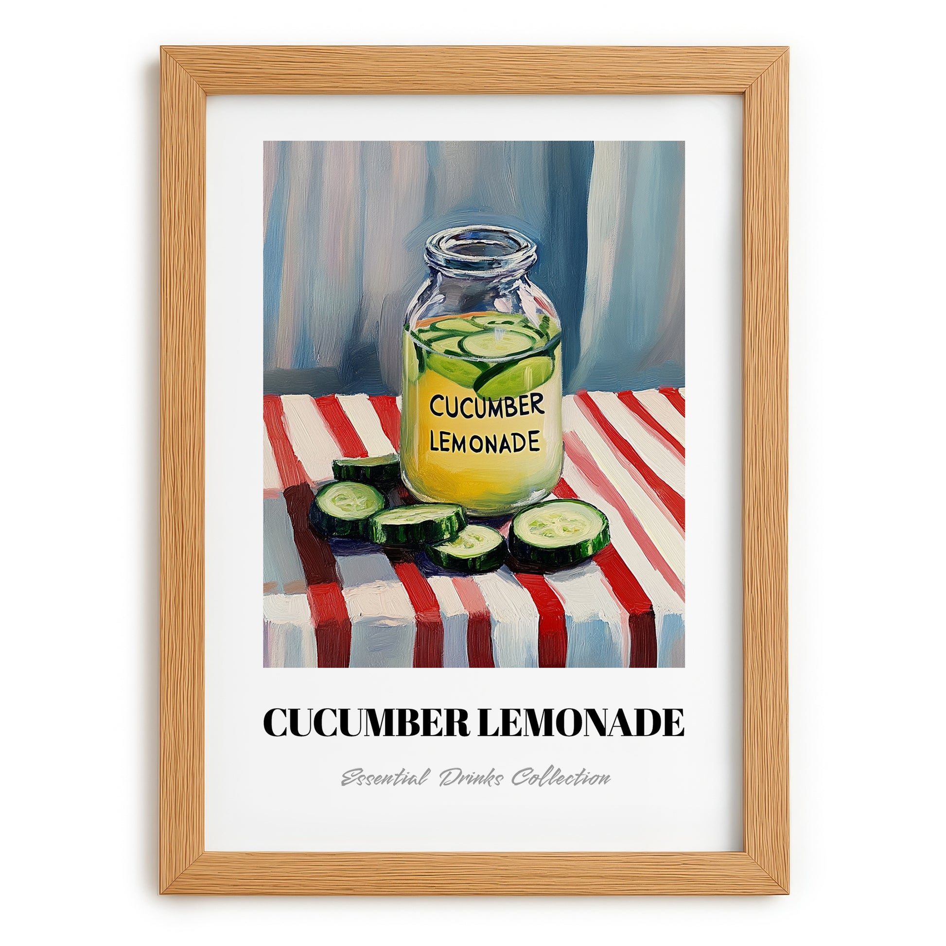 Cucumber Lemonade – on Striped Tablecloth, Lemonade Poster, set in oak frame