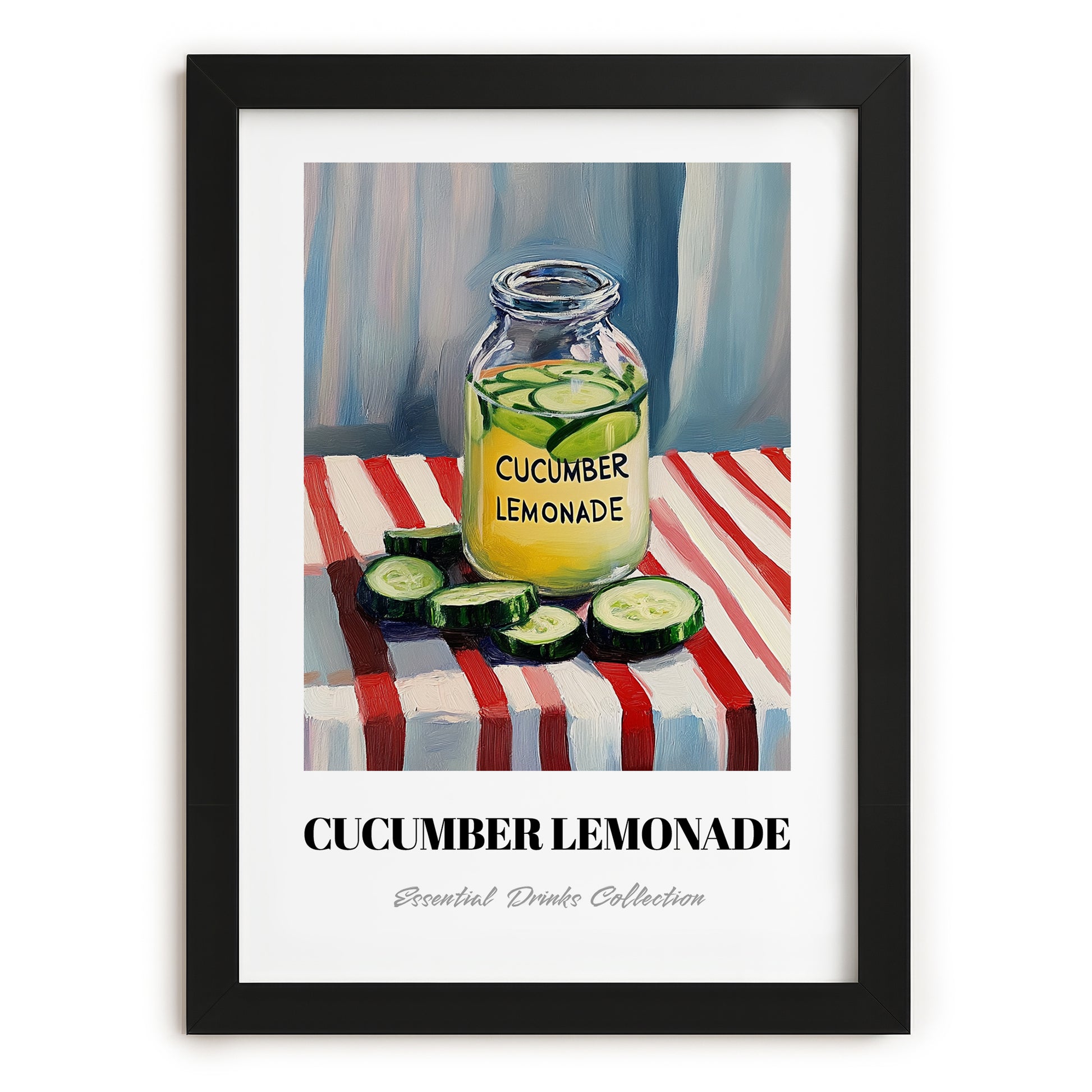 Cucumber Lemonade – on Striped Tablecloth, Lemonade Poster, in sleek black frame