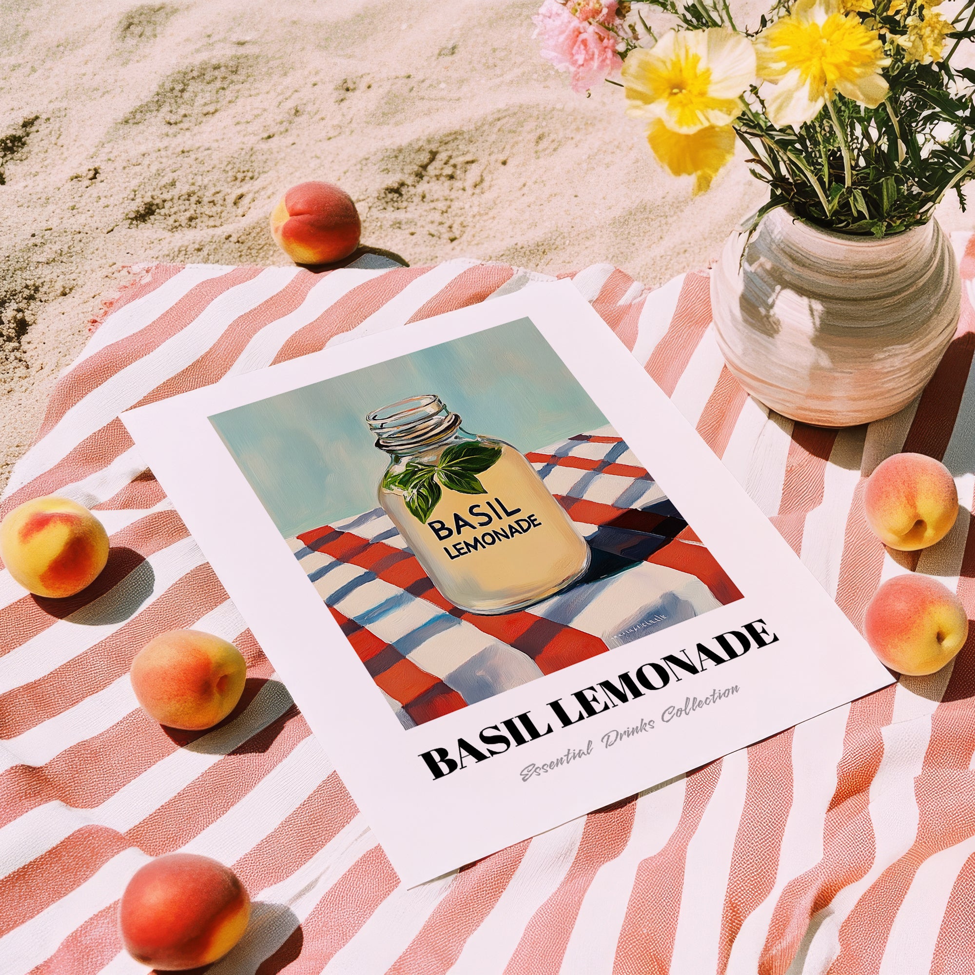 Basil Lemonade – on Striped Tablecloth, Lemonade Illustration, unframed on coastal sand