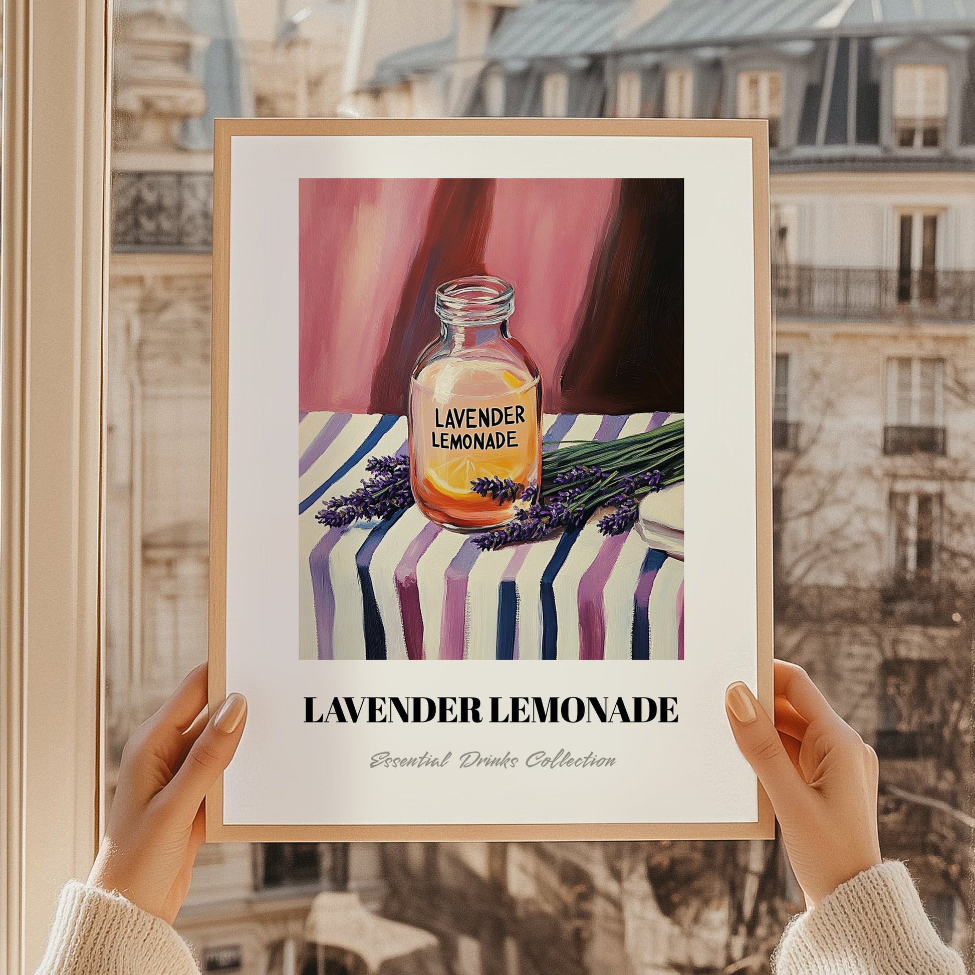 Lavender Lemonade – on Striped Tablecloth, Lemonade Print, styled in a charming Paris street view
