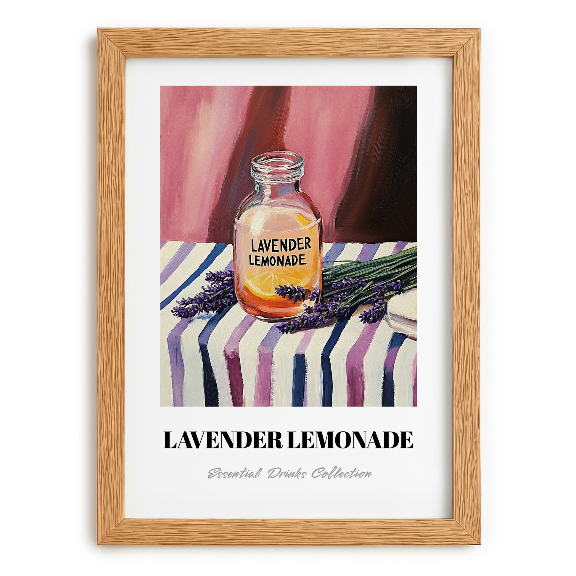 Lavender Lemonade – on Striped Tablecloth, Lemonade Print, set in oak frame
