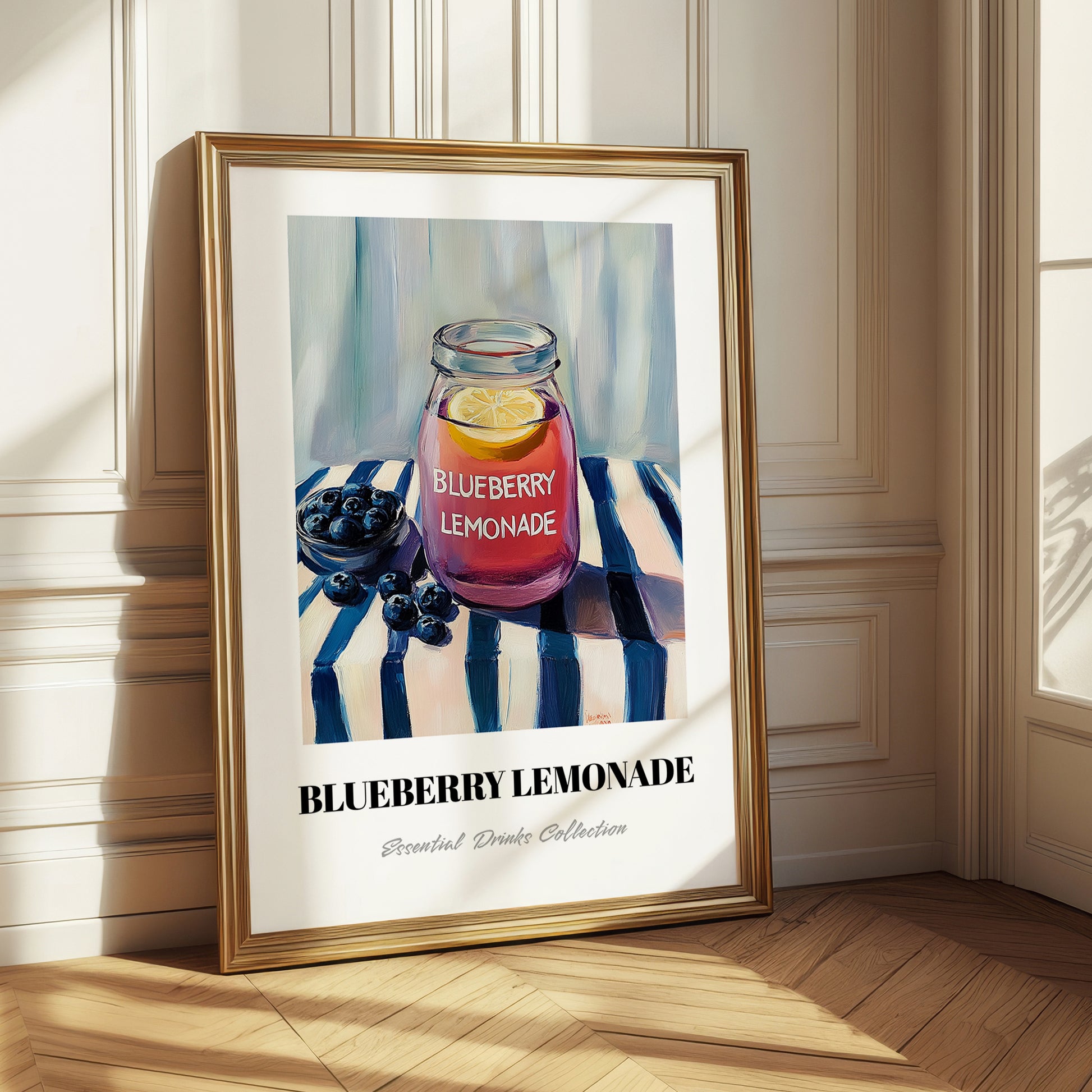 Blueberry Lemonade – on Striped Tablecloth, Lemonade Art