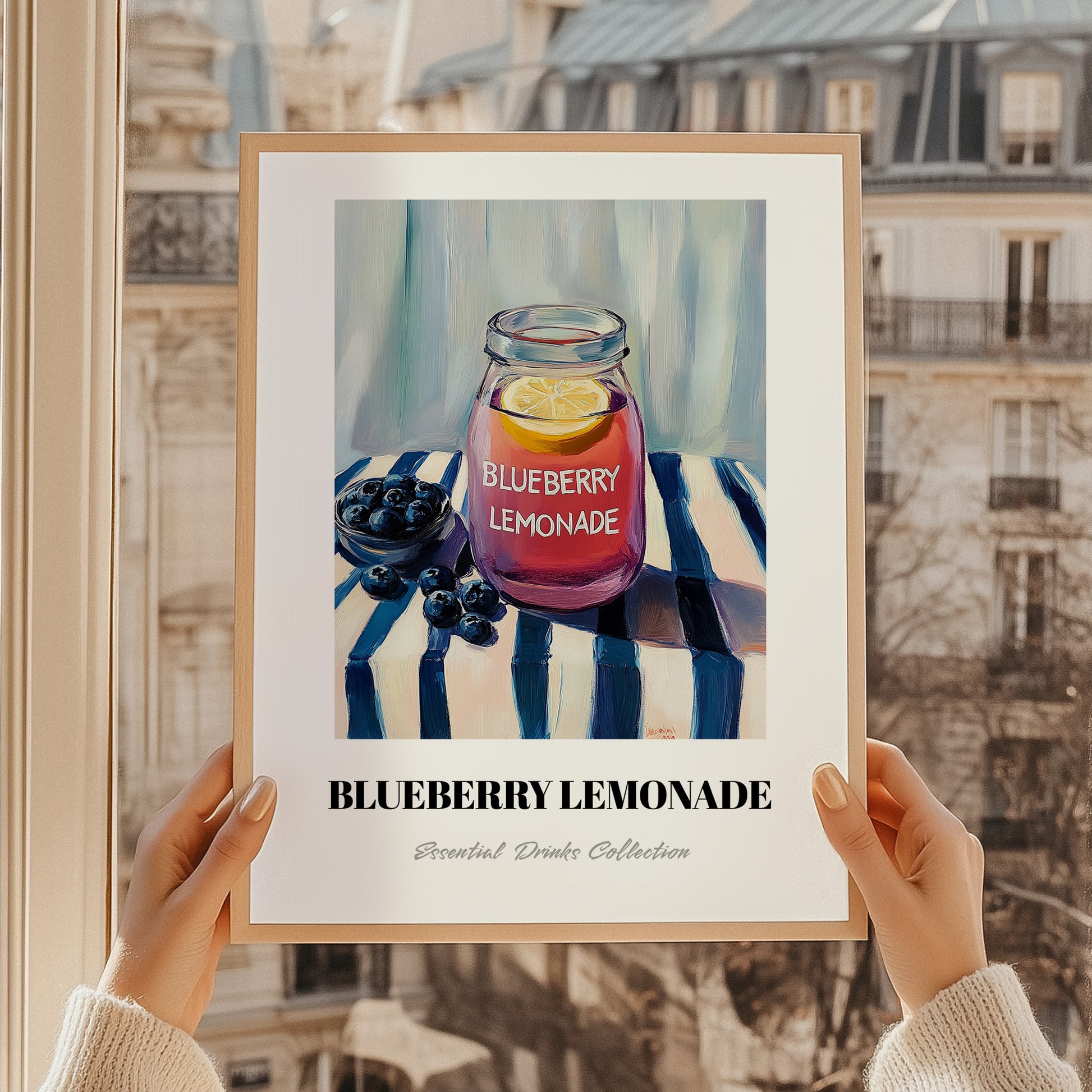 Blueberry Lemonade – on Striped Tablecloth, Lemonade Art, styled in a charming Paris street view