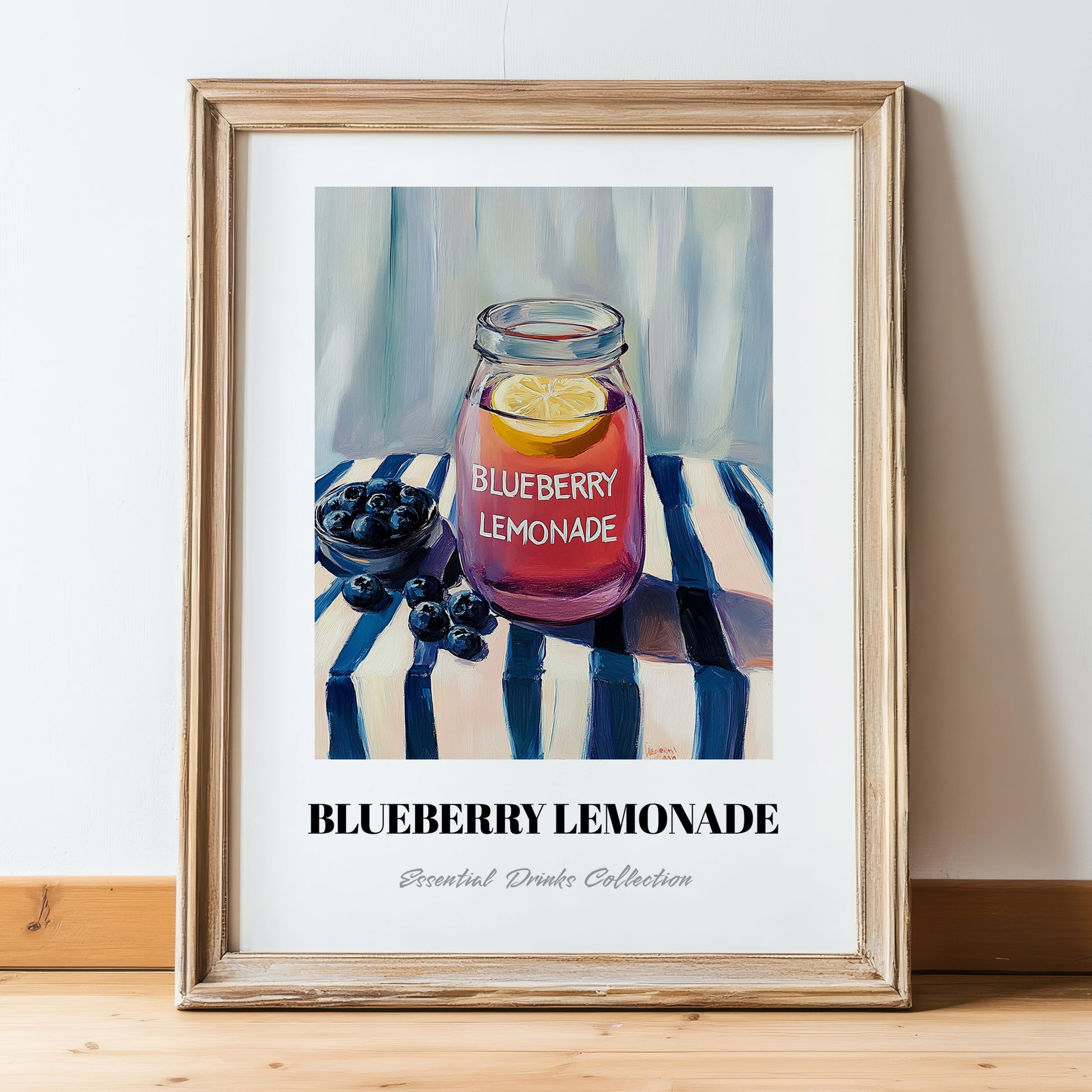 Blueberry Lemonade – on Striped Tablecloth, Lemonade Art, in wooden frame leaning on the floor