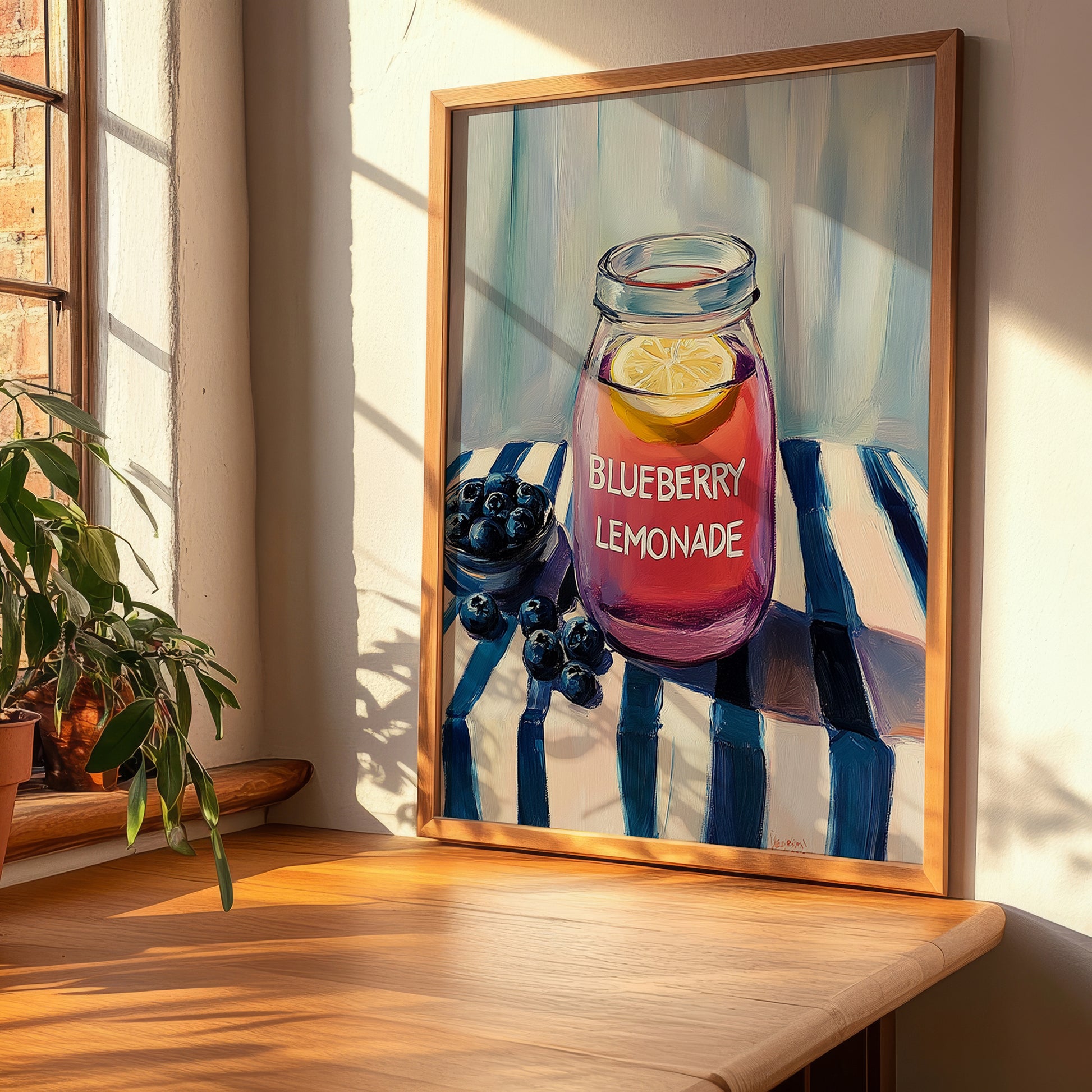 Blueberry Lemonade – on Striped Tablecloth, Lemonade Art, clean layout with no caption