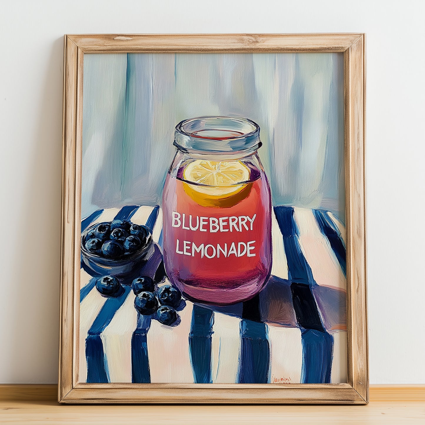 Blueberry Lemonade – on Striped Tablecloth, Lemonade Art, no-text version framed in wood