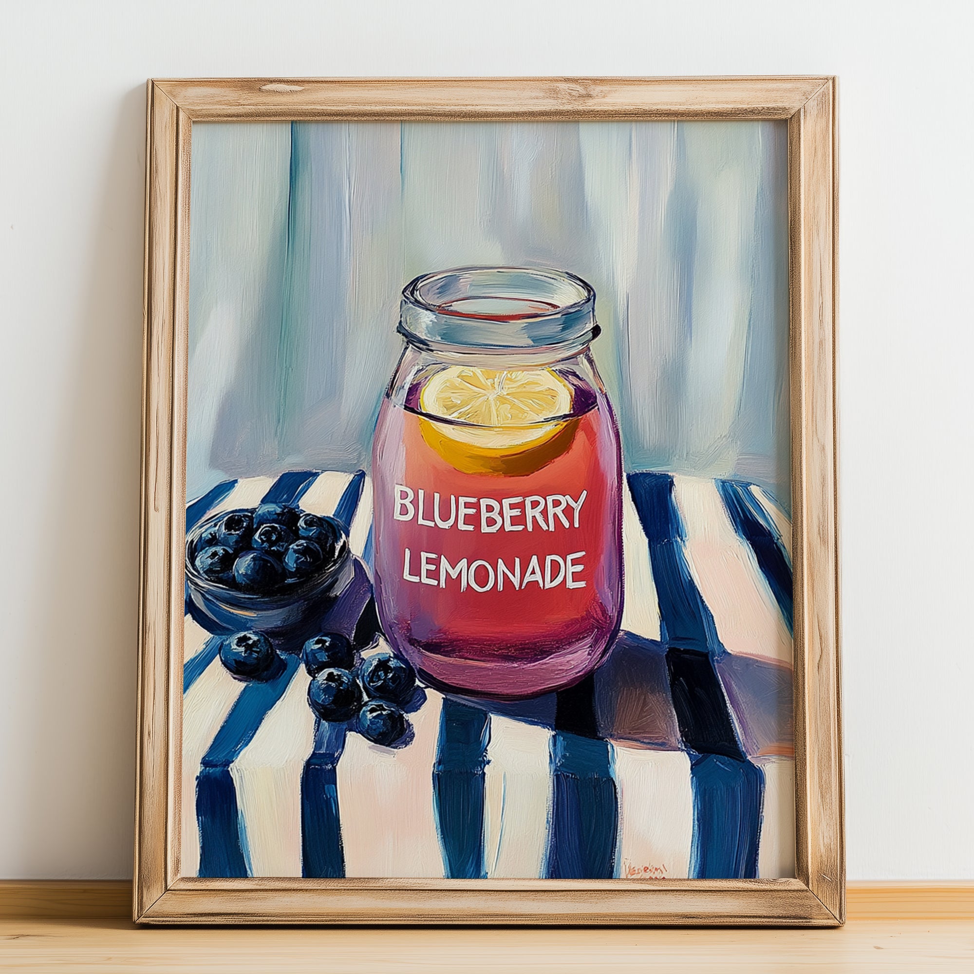 Blueberry Lemonade – on Striped Tablecloth, Lemonade Art, no-text version framed in wood