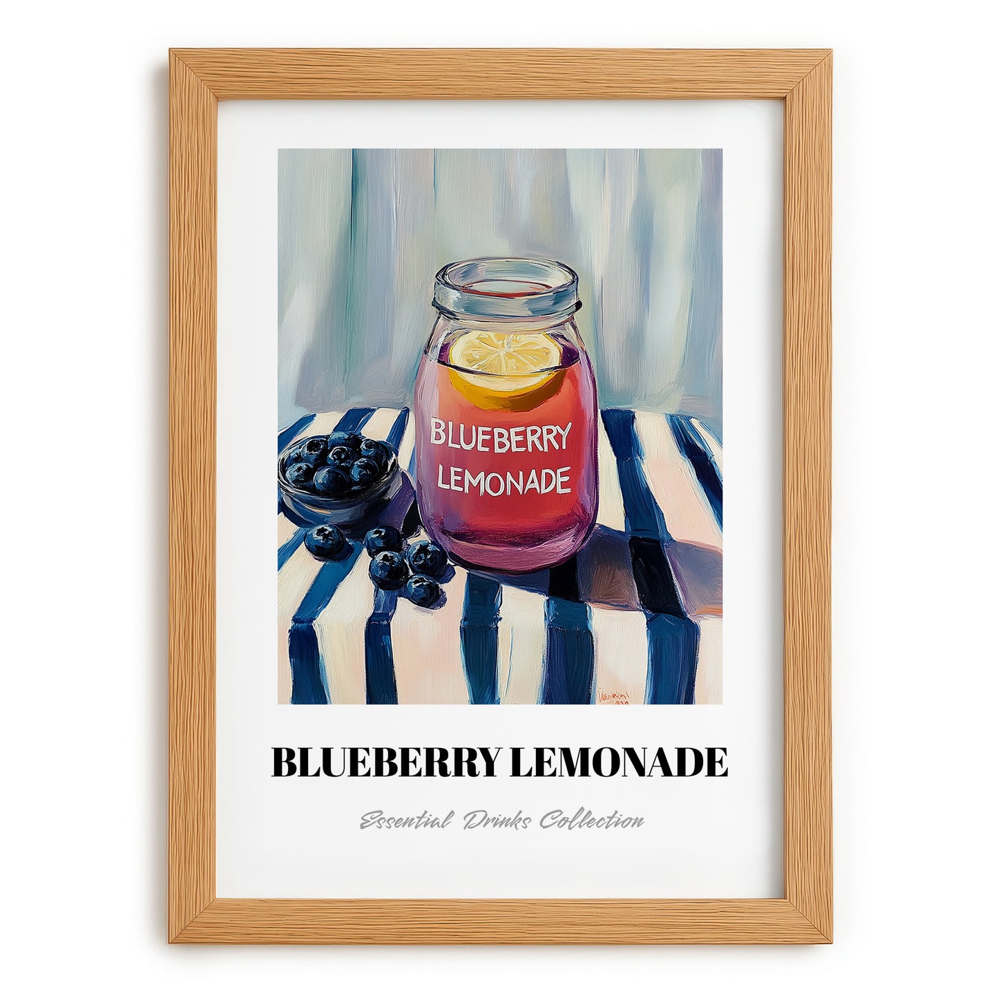 Blueberry Lemonade – on Striped Tablecloth, Lemonade Art, set in oak frame