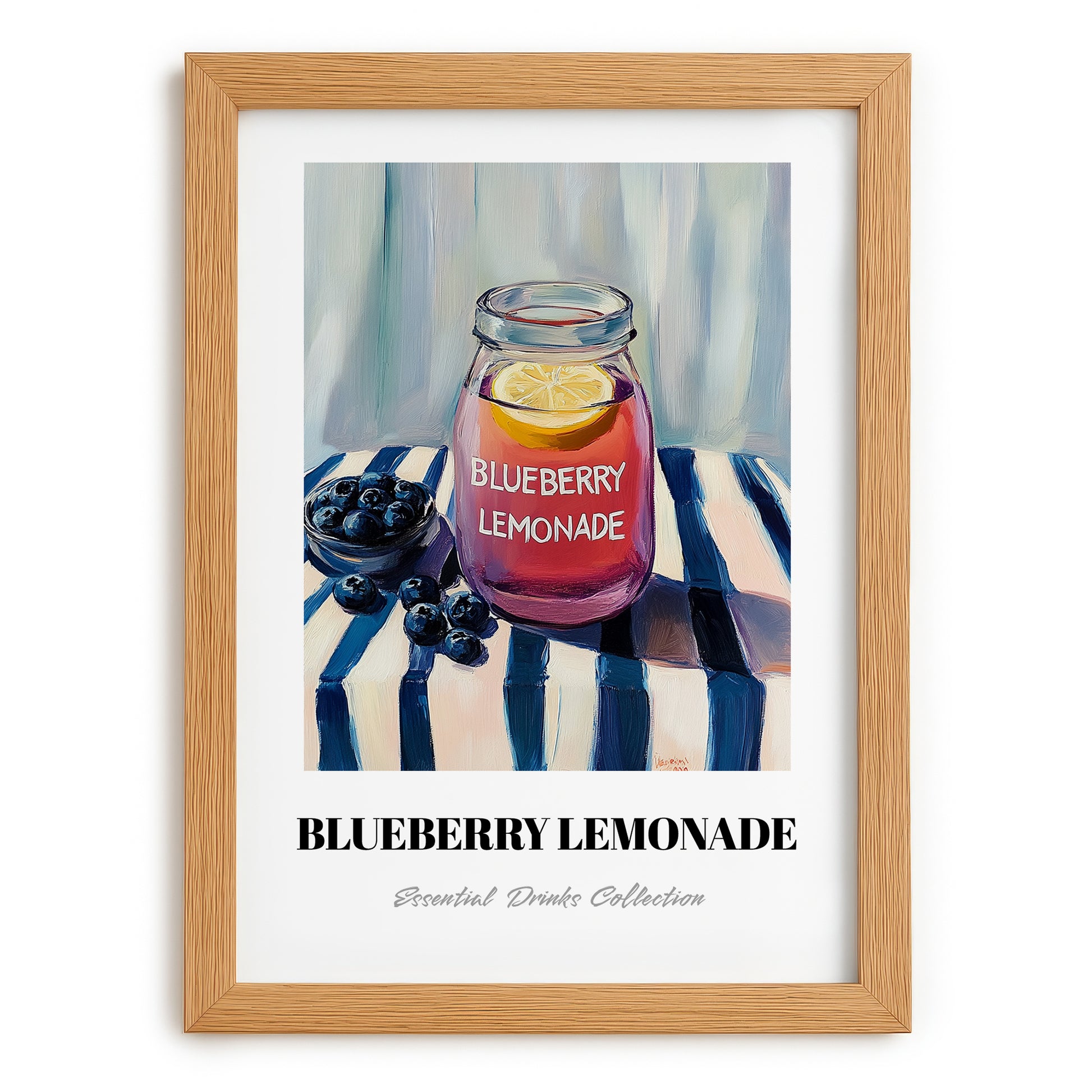 Blueberry Lemonade – on Striped Tablecloth, Lemonade Art, set in oak frame