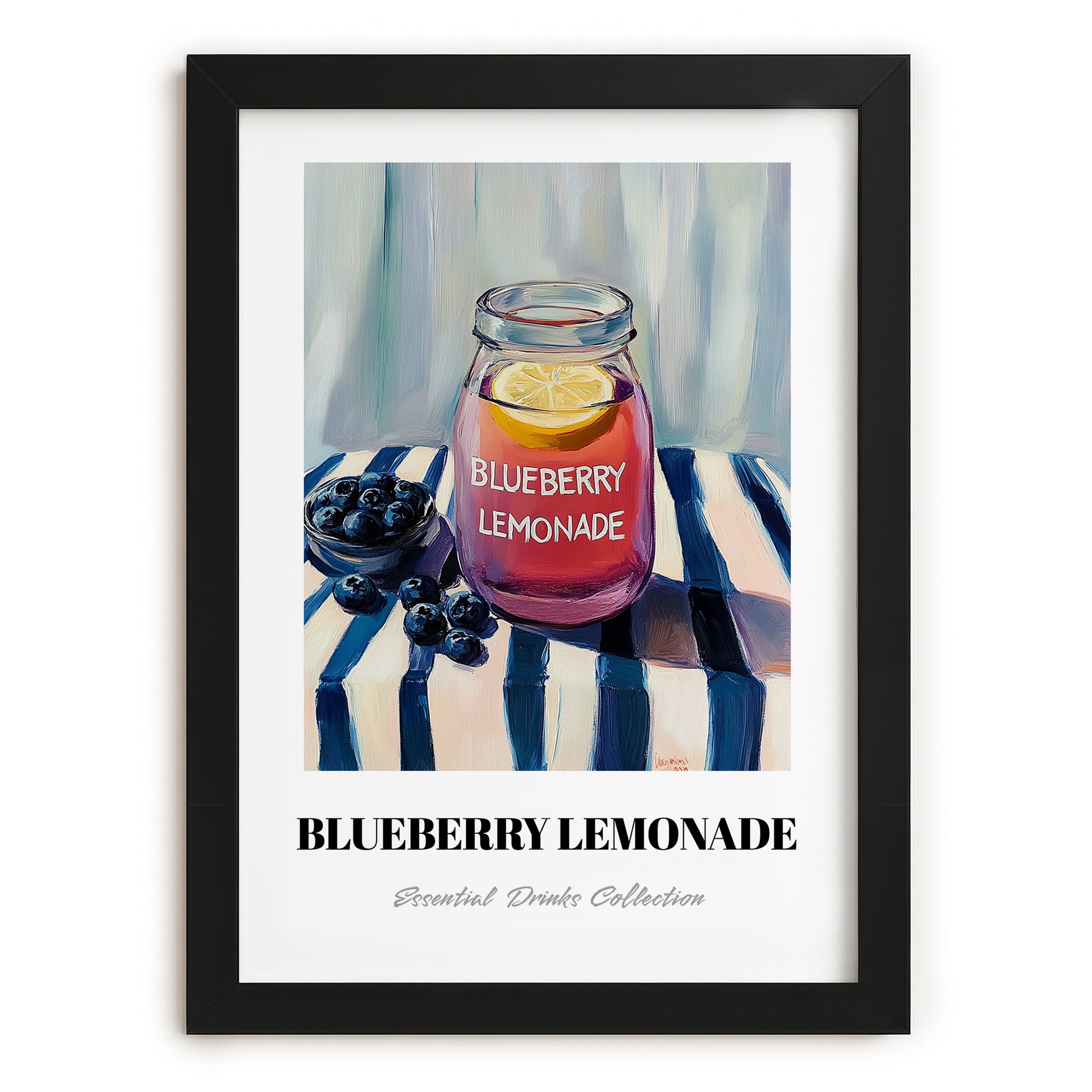 Blueberry Lemonade – on Striped Tablecloth, Lemonade Art, in sleek black frame