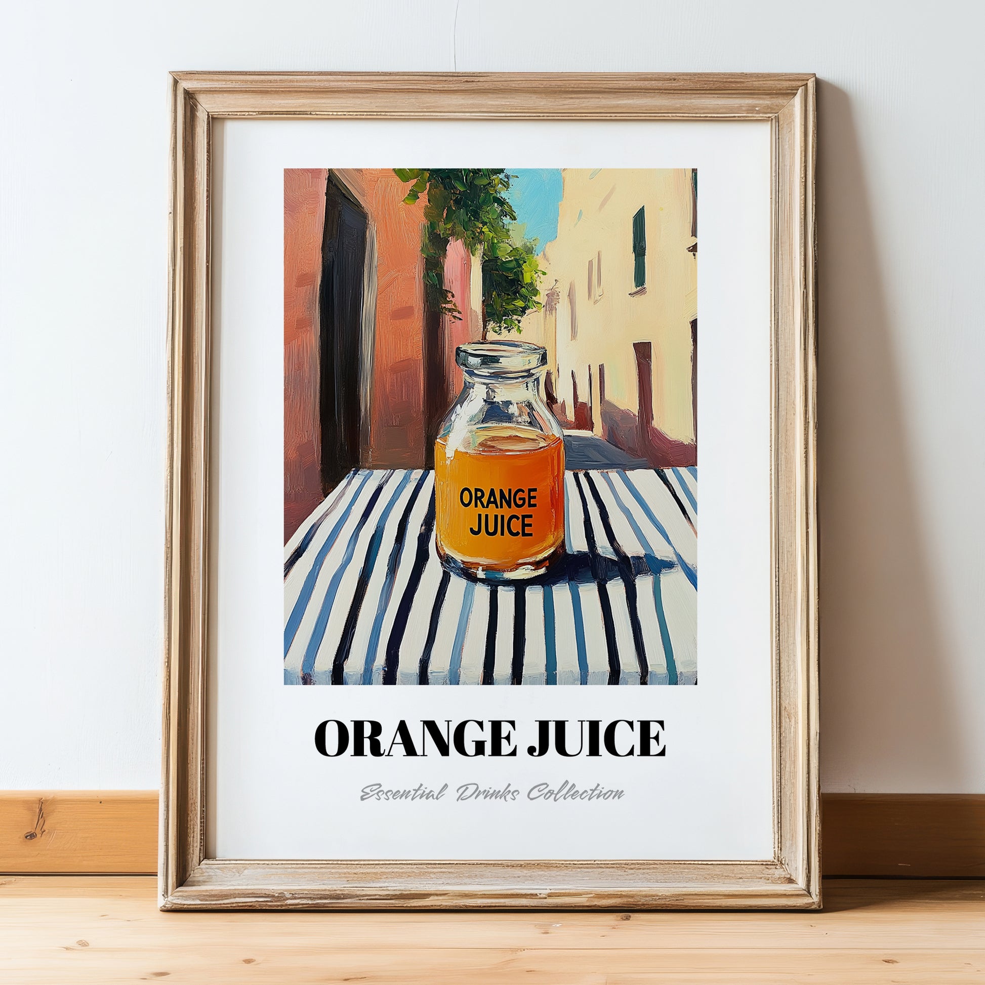 Orange Juice – Italian Urban Café Scene, Lemonade Art, in wooden frame leaning on the floor