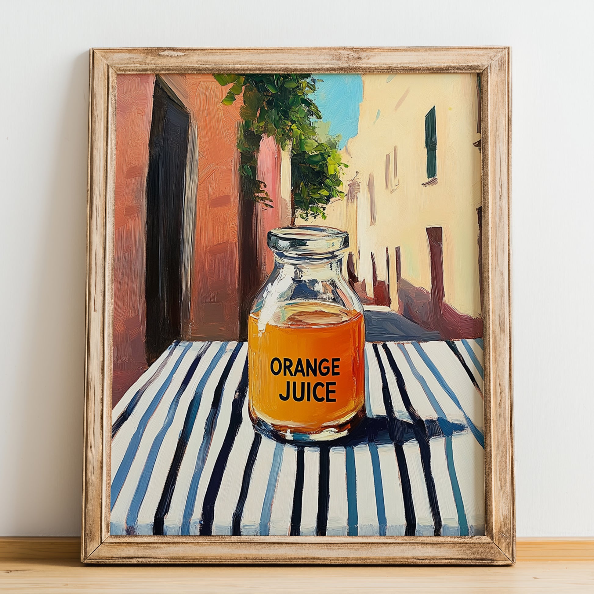 Orange Juice – Italian Urban Café Scene, Lemonade Art, no-text version framed in wood