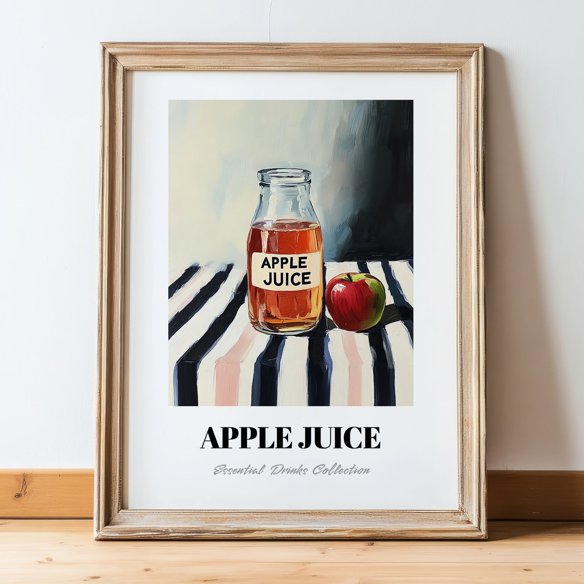 Apple Juice – on Striped Tablecloth, Lemonade Painting, in wooden frame leaning on the floor