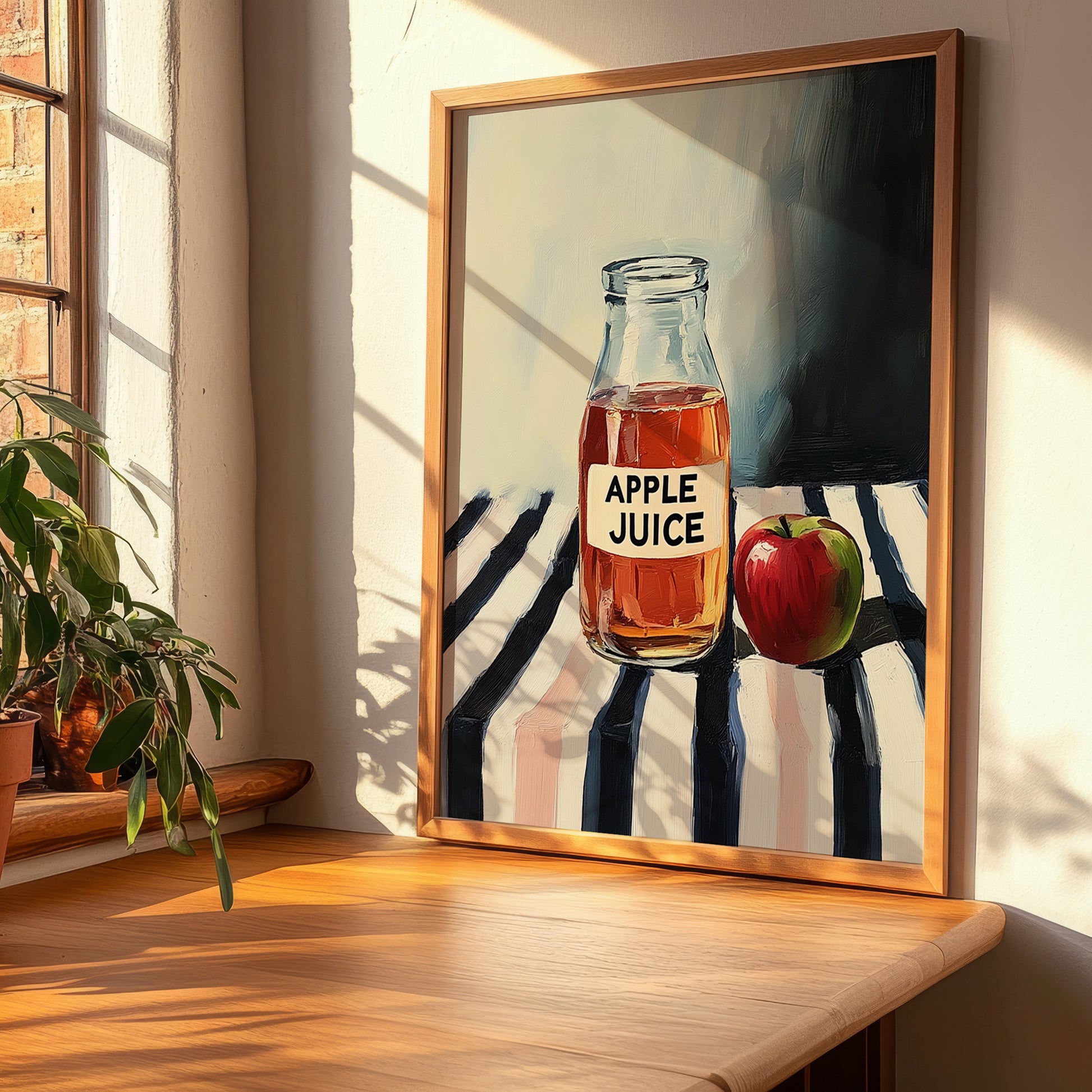 Apple Juice – on Striped Tablecloth, Lemonade Painting, clean layout with no caption