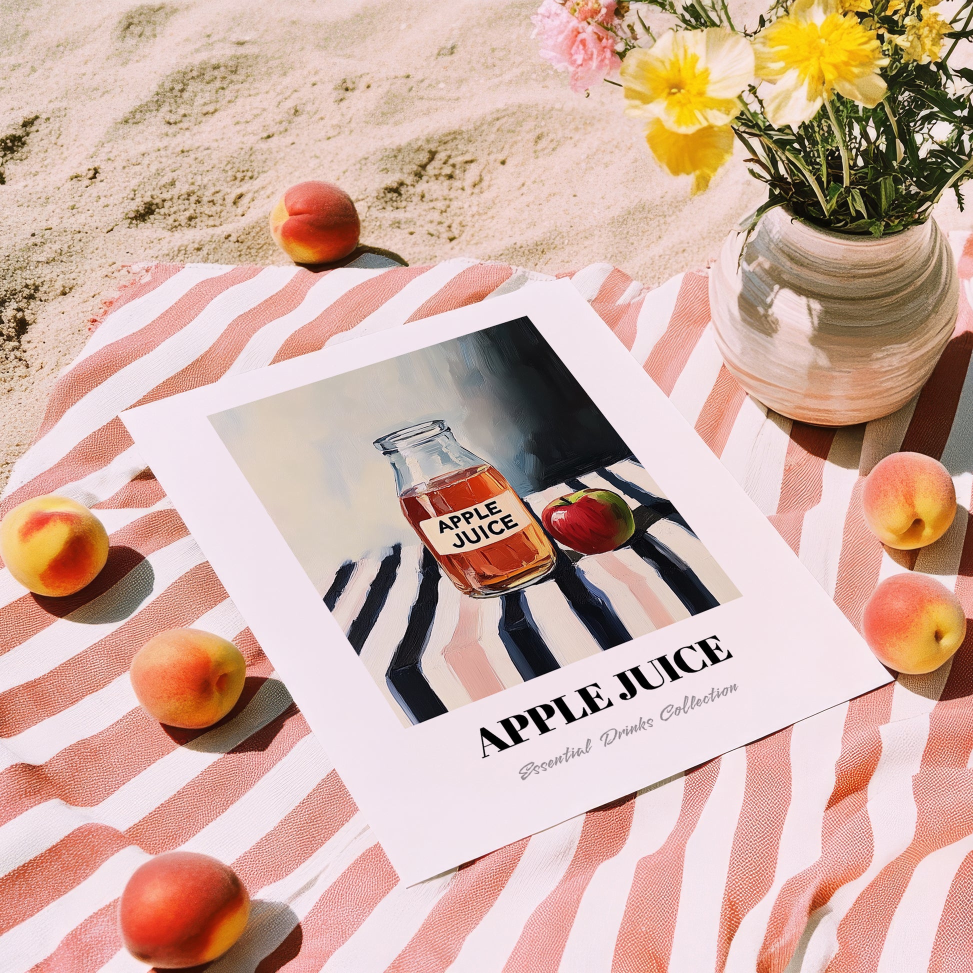 Apple Juice – on Striped Tablecloth, Lemonade Painting, unframed on coastal sand