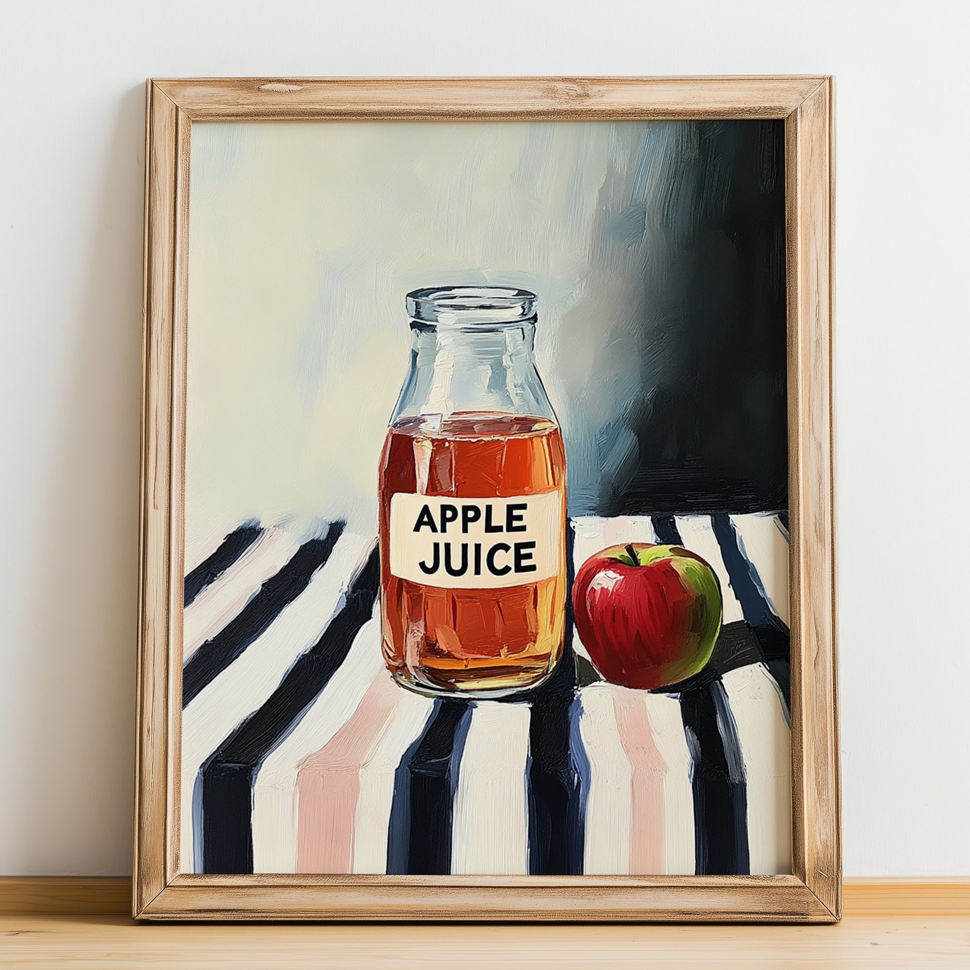 Apple Juice – on Striped Tablecloth, Lemonade Painting, no-text version framed in wood