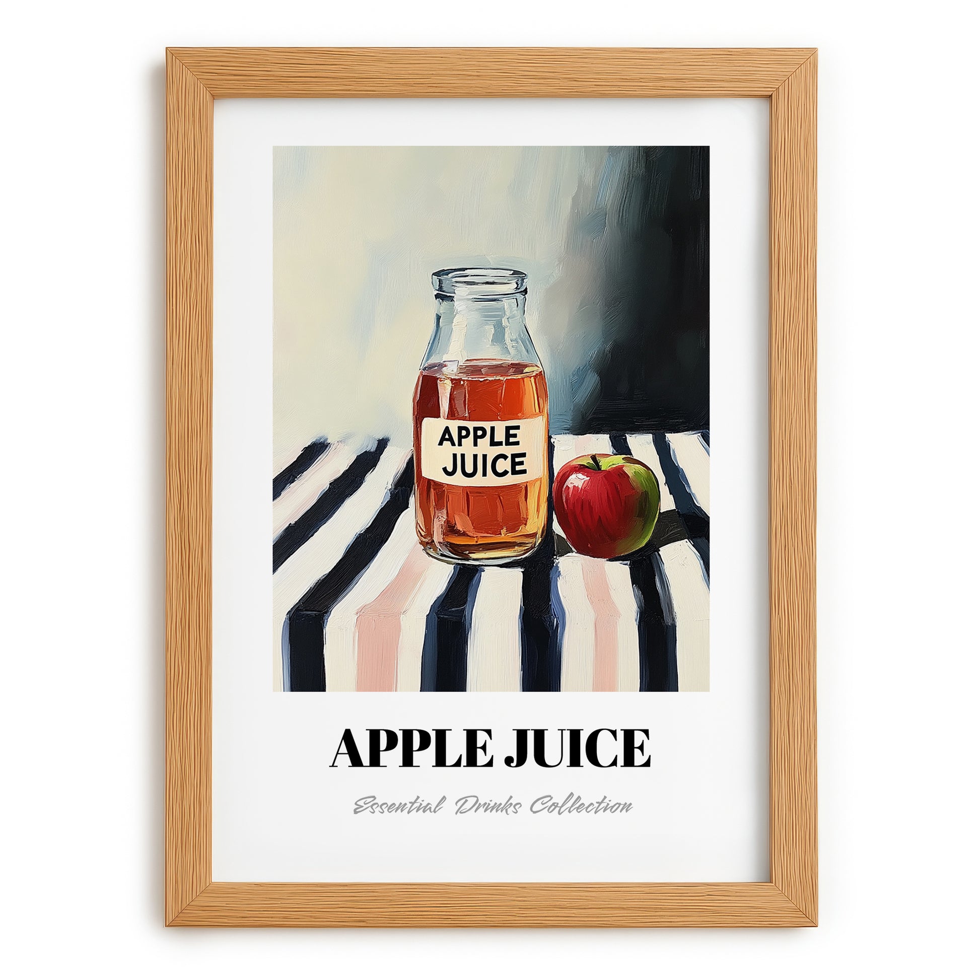 Apple Juice – on Striped Tablecloth, Lemonade Painting, set in oak frame