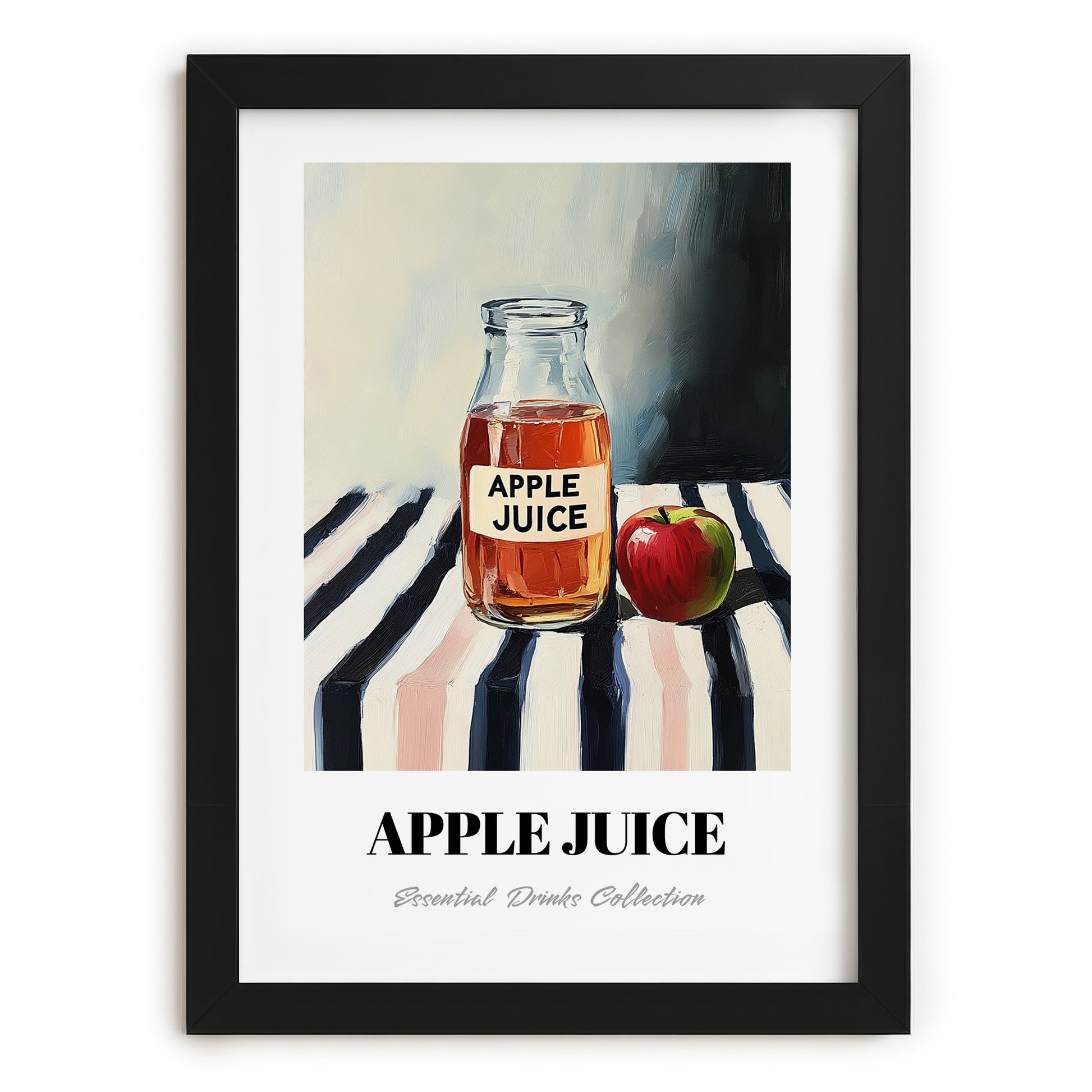 Apple Juice – on Striped Tablecloth, Lemonade Painting, in sleek black frame