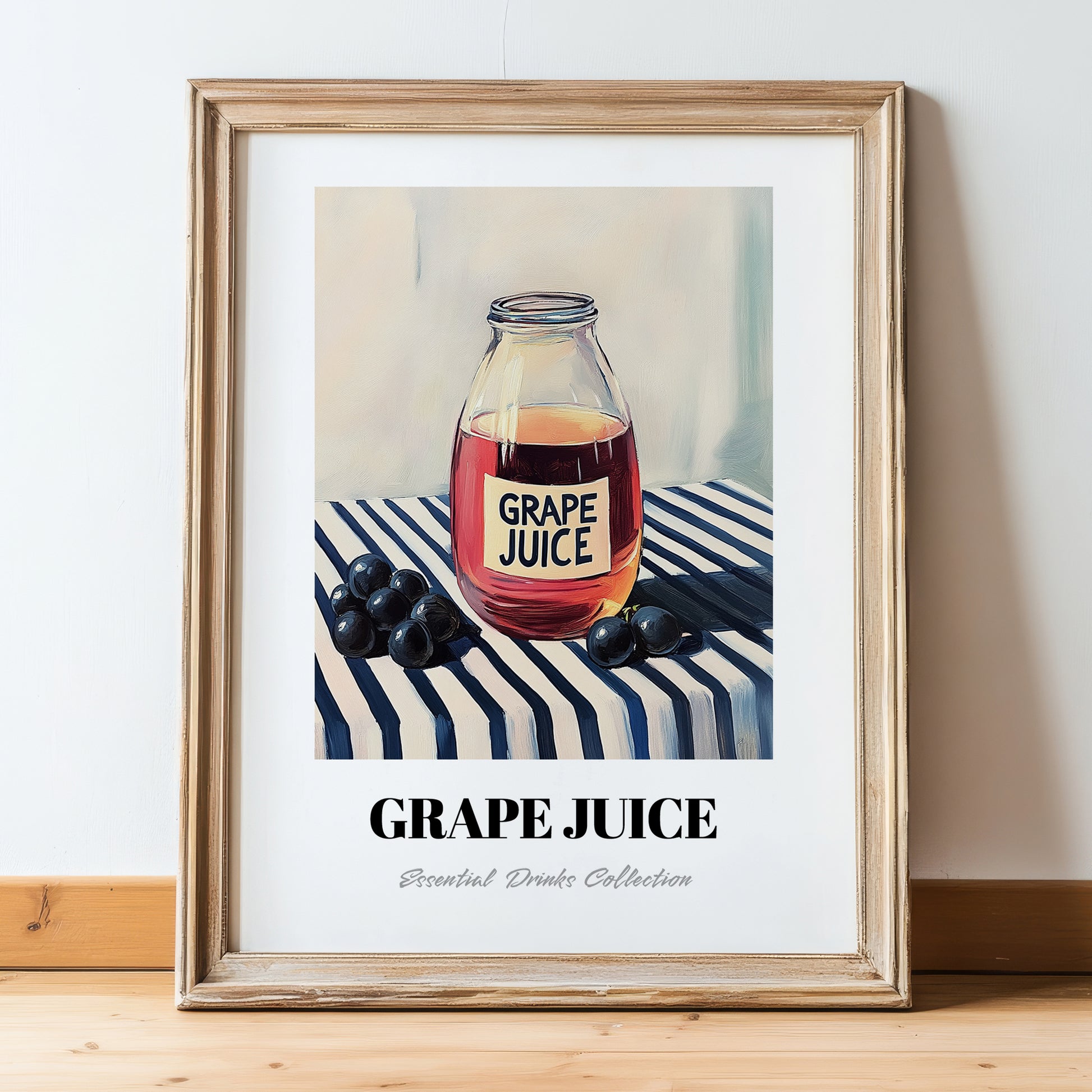 Grape Juice – on Striped Tablecloth, Lemonade Print, in wooden frame leaning on the floor