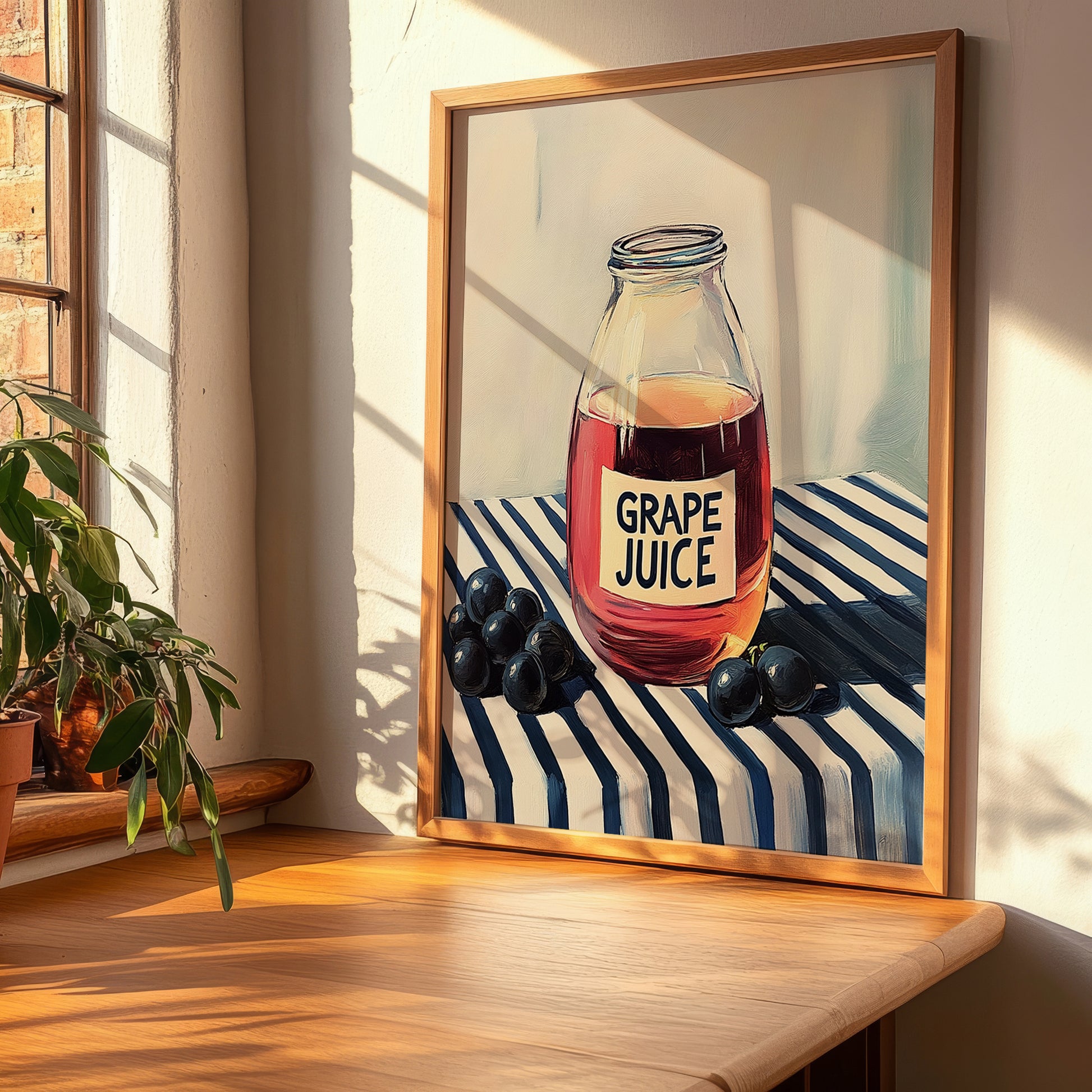 Grape Juice – on Striped Tablecloth, Lemonade Print, clean layout with no caption