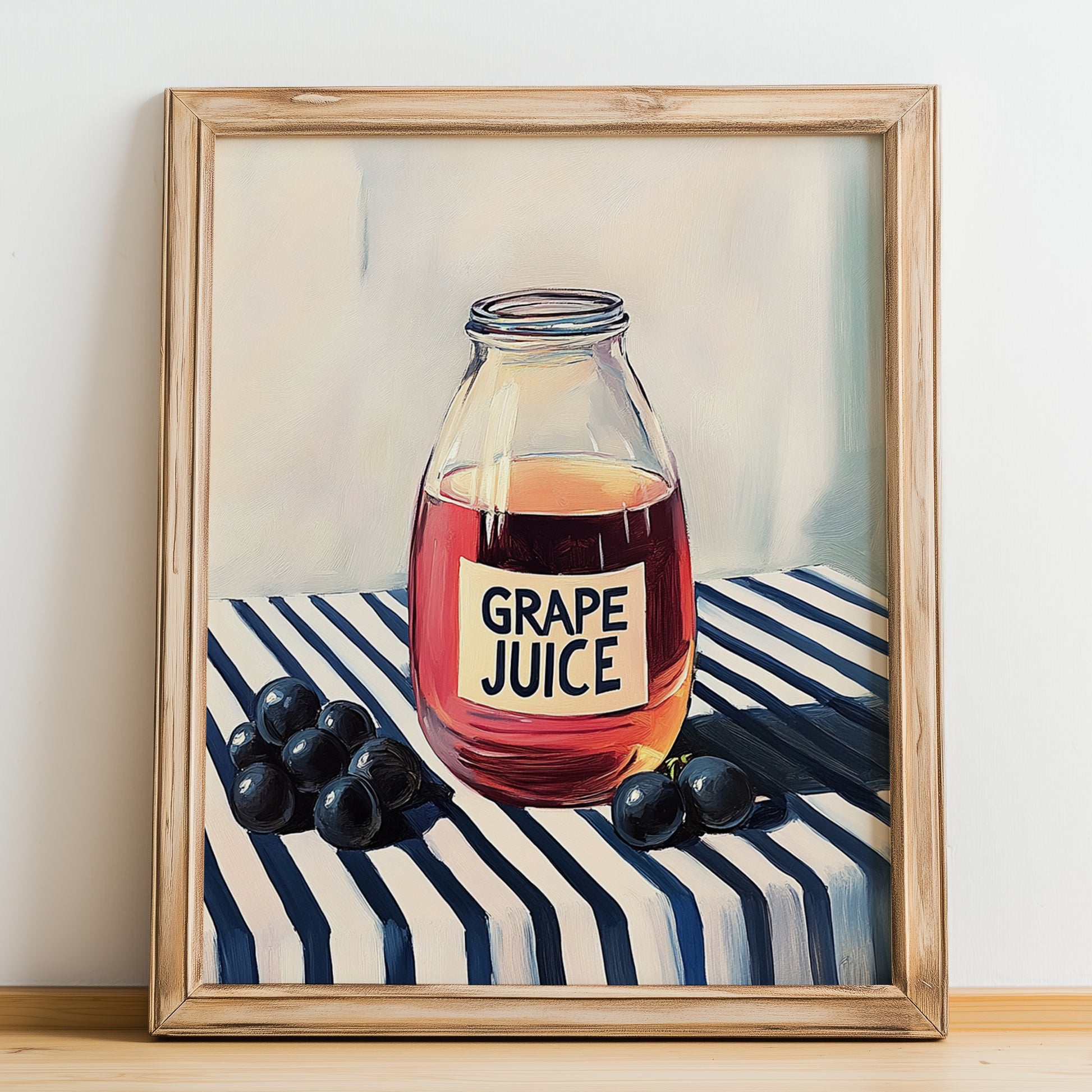 Grape Juice – on Striped Tablecloth, Lemonade Print, no-text version framed in wood