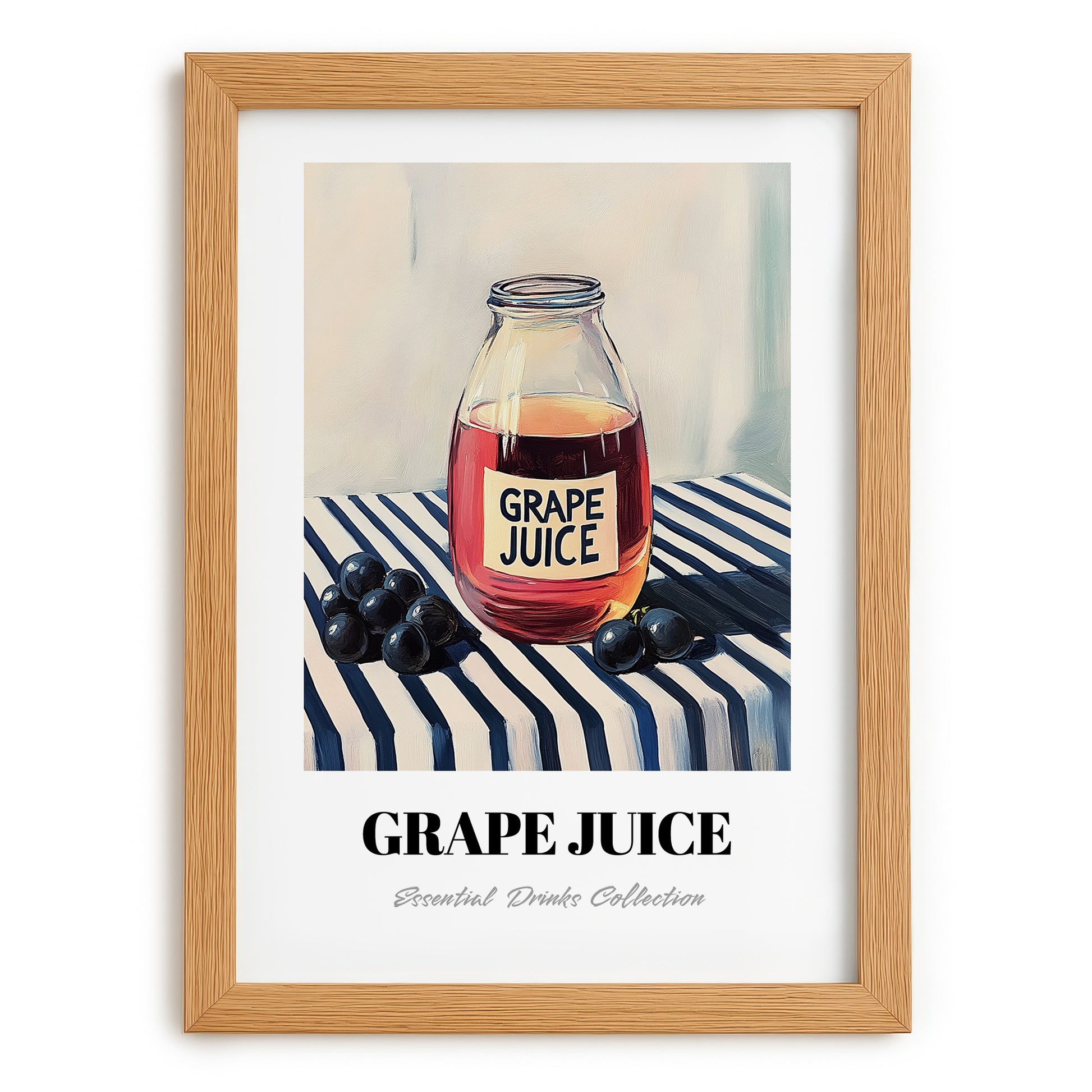 Grape Juice – on Striped Tablecloth, Lemonade Print, set in oak frame