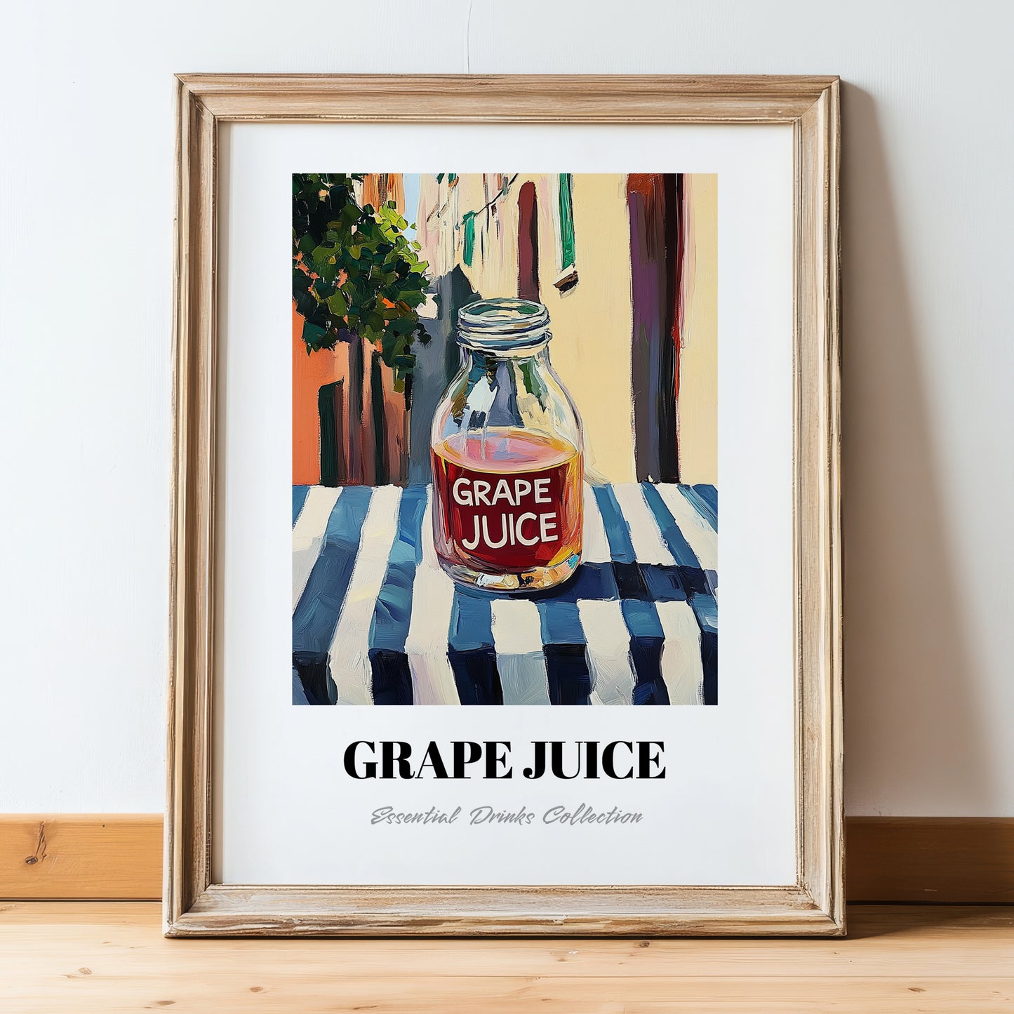 Grape Juice – Italian Café on the Corner, Lemonade Wall Illustration, in wooden frame leaning on the floor