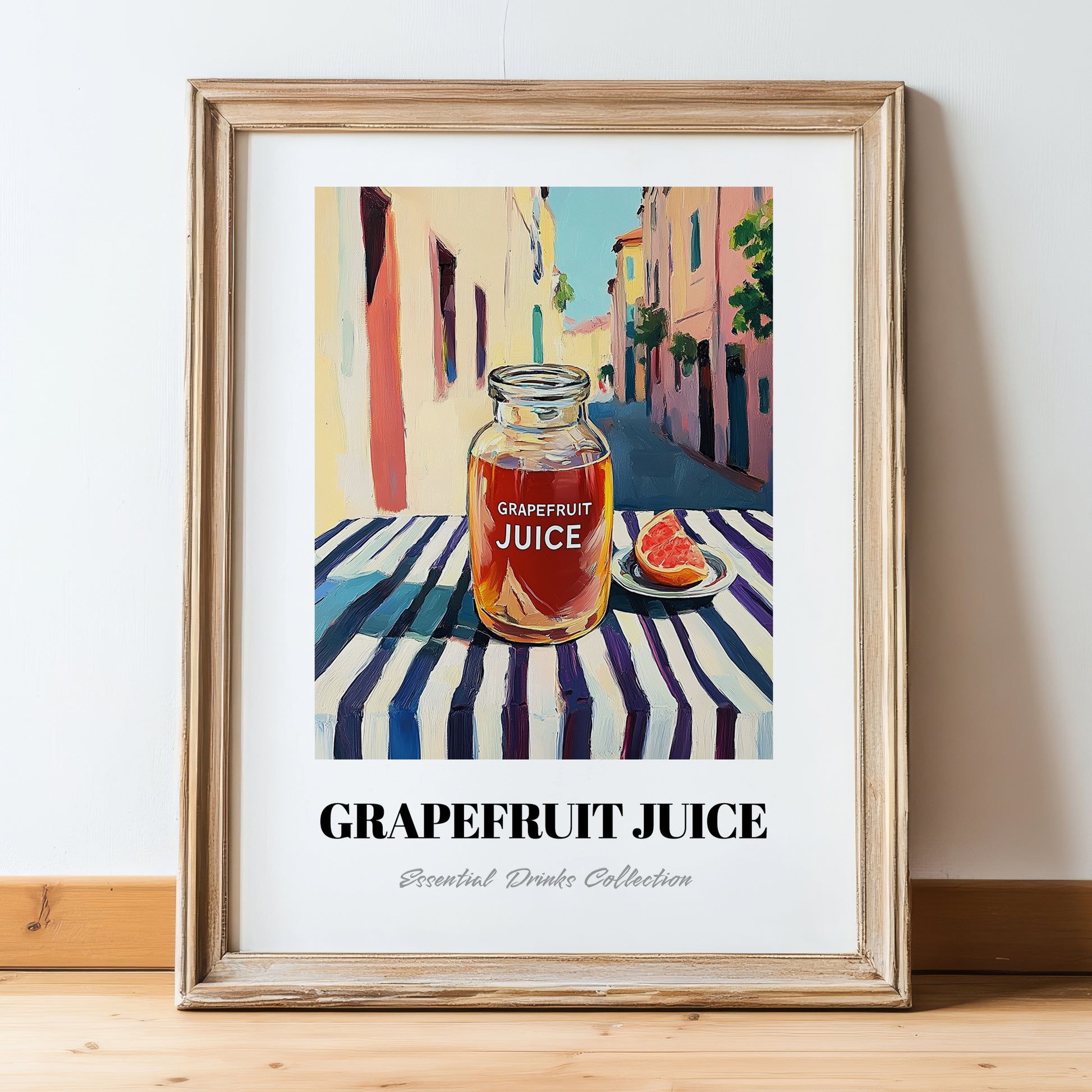 Grapefruit Juice – Italian Urban Café Scene, Lemonade Illustration, in wooden frame leaning on the floor