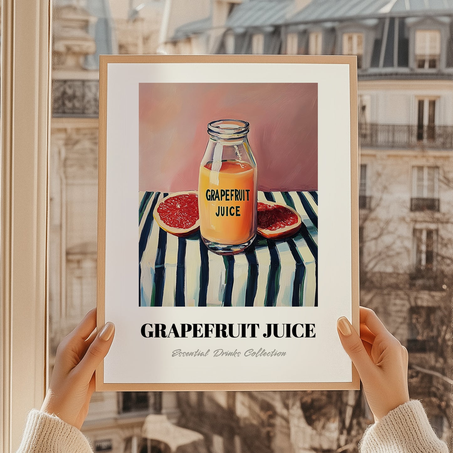 Grapefruit Juice – on Striped Tablecloth, Lemonade Wall Art, styled in a charming Paris street view