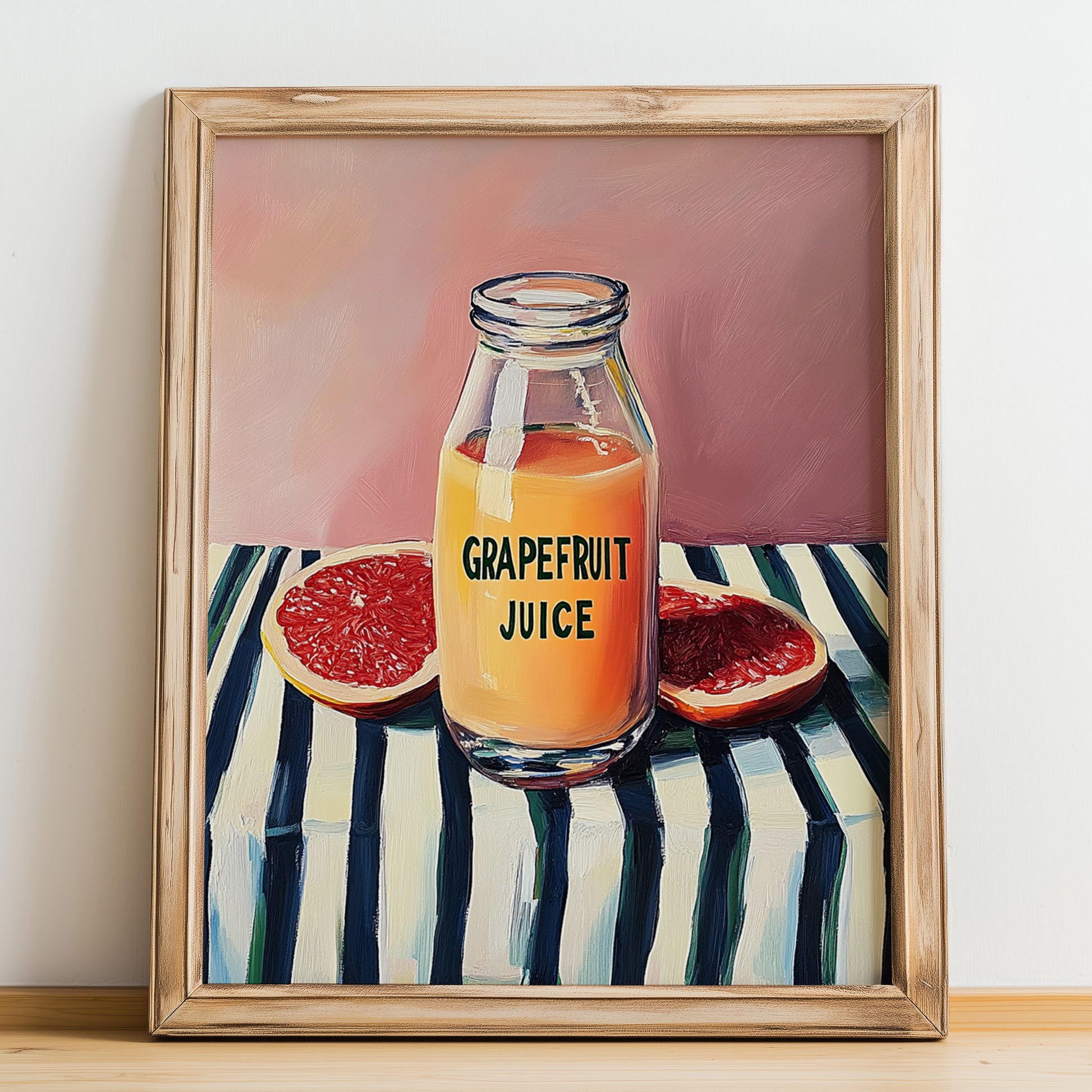 Grapefruit Juice – on Striped Tablecloth, Lemonade Wall Art, no-text version framed in wood