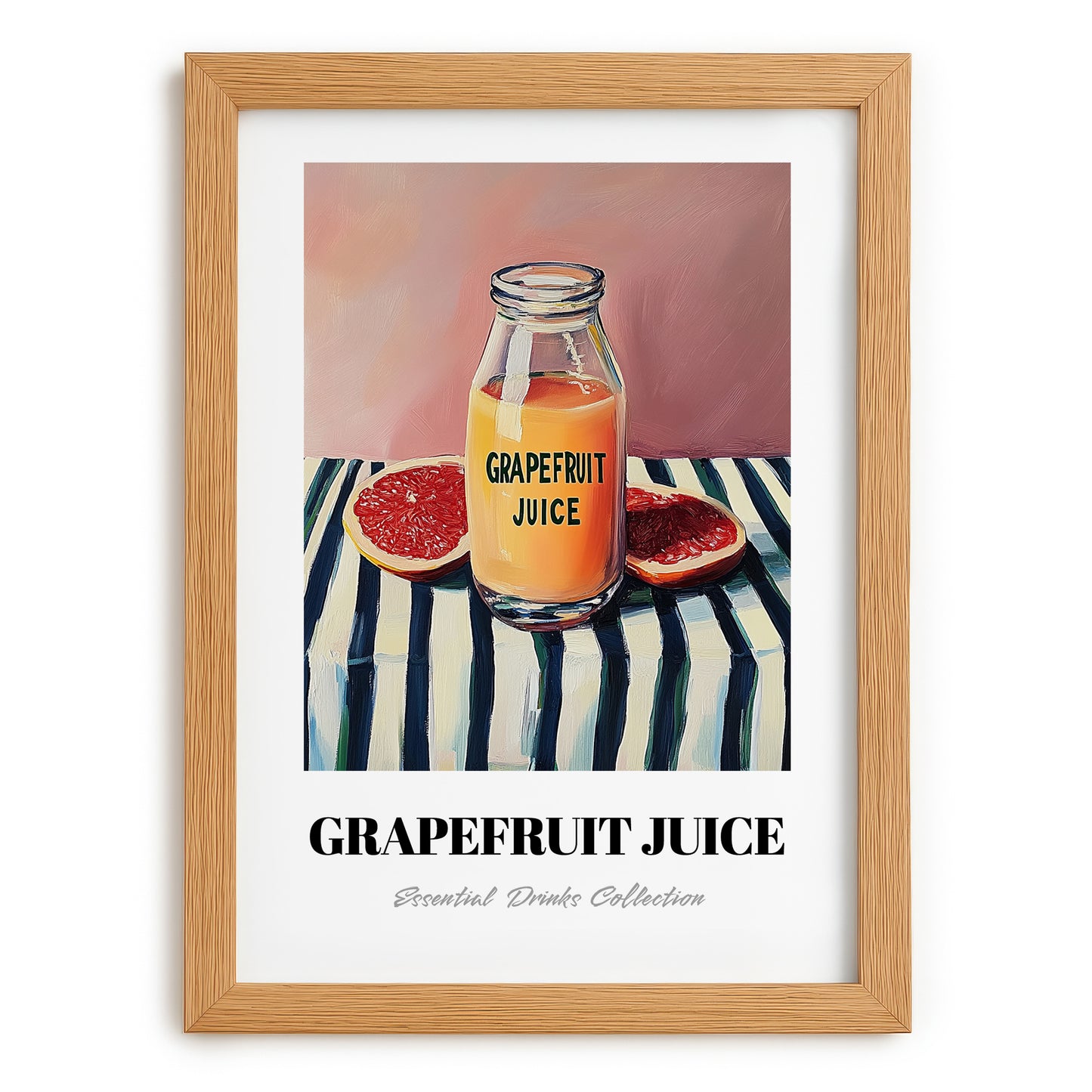 Grapefruit Juice – on Striped Tablecloth, Lemonade Wall Art, set in oak frame