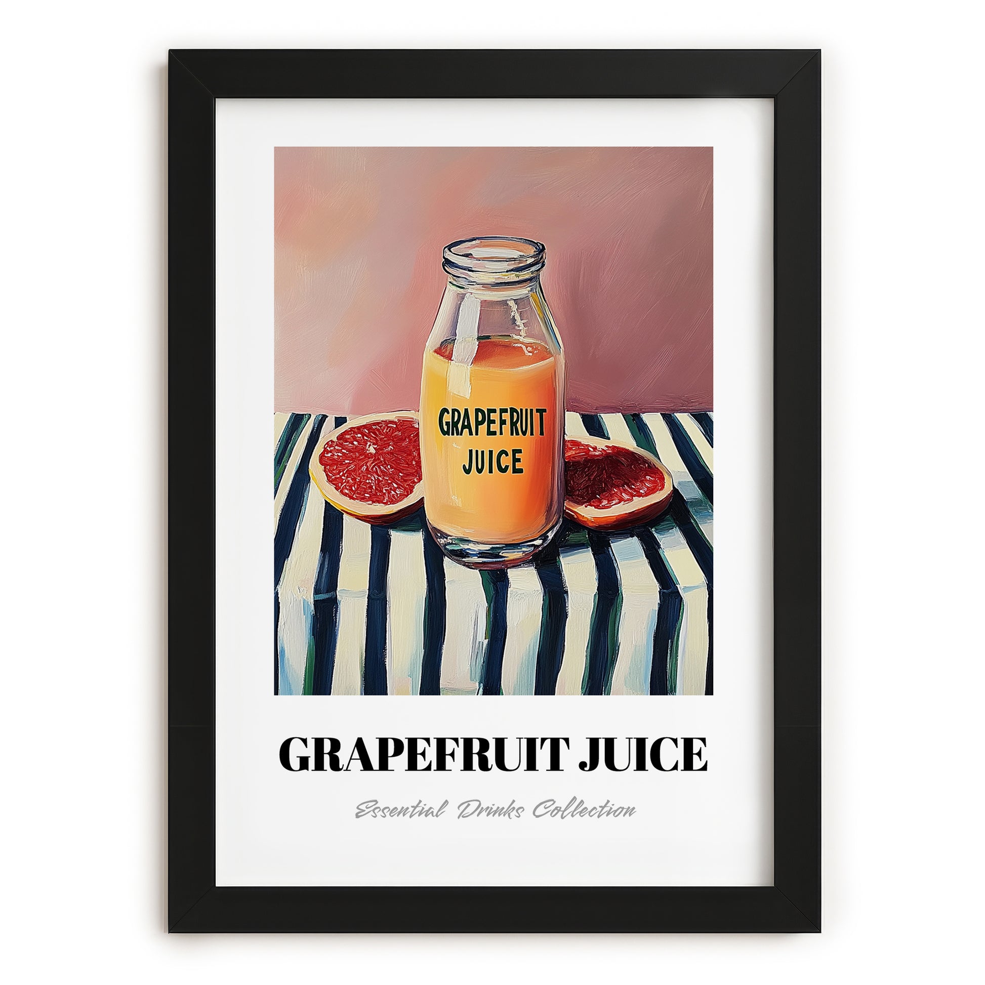 Grapefruit Juice – on Striped Tablecloth, Lemonade Wall Art, in sleek black frame