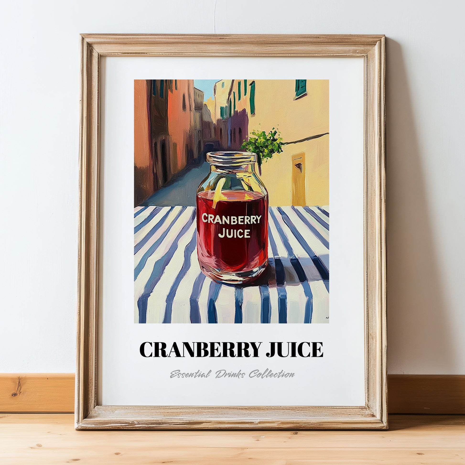 Cranberry Juice – Italian Street Café Scene, Lemonade Print, in wooden frame leaning on the floor