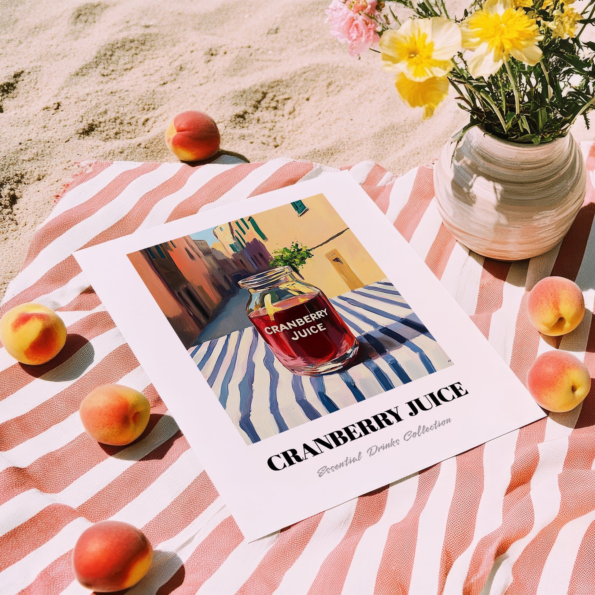 Cranberry Juice – Italian Street Café Scene, Lemonade Print, unframed on coastal sand