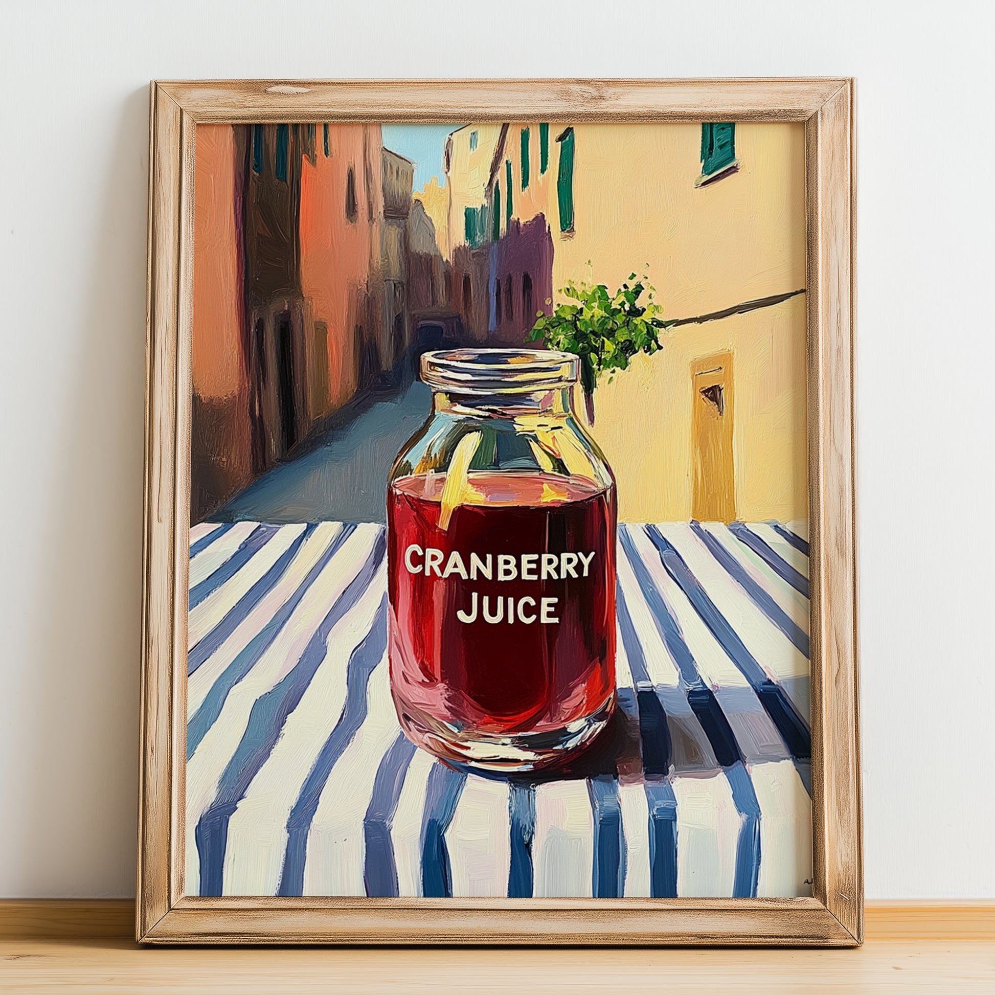 Cranberry Juice – Italian Street Café Scene, Lemonade Print, no-text version framed in wood