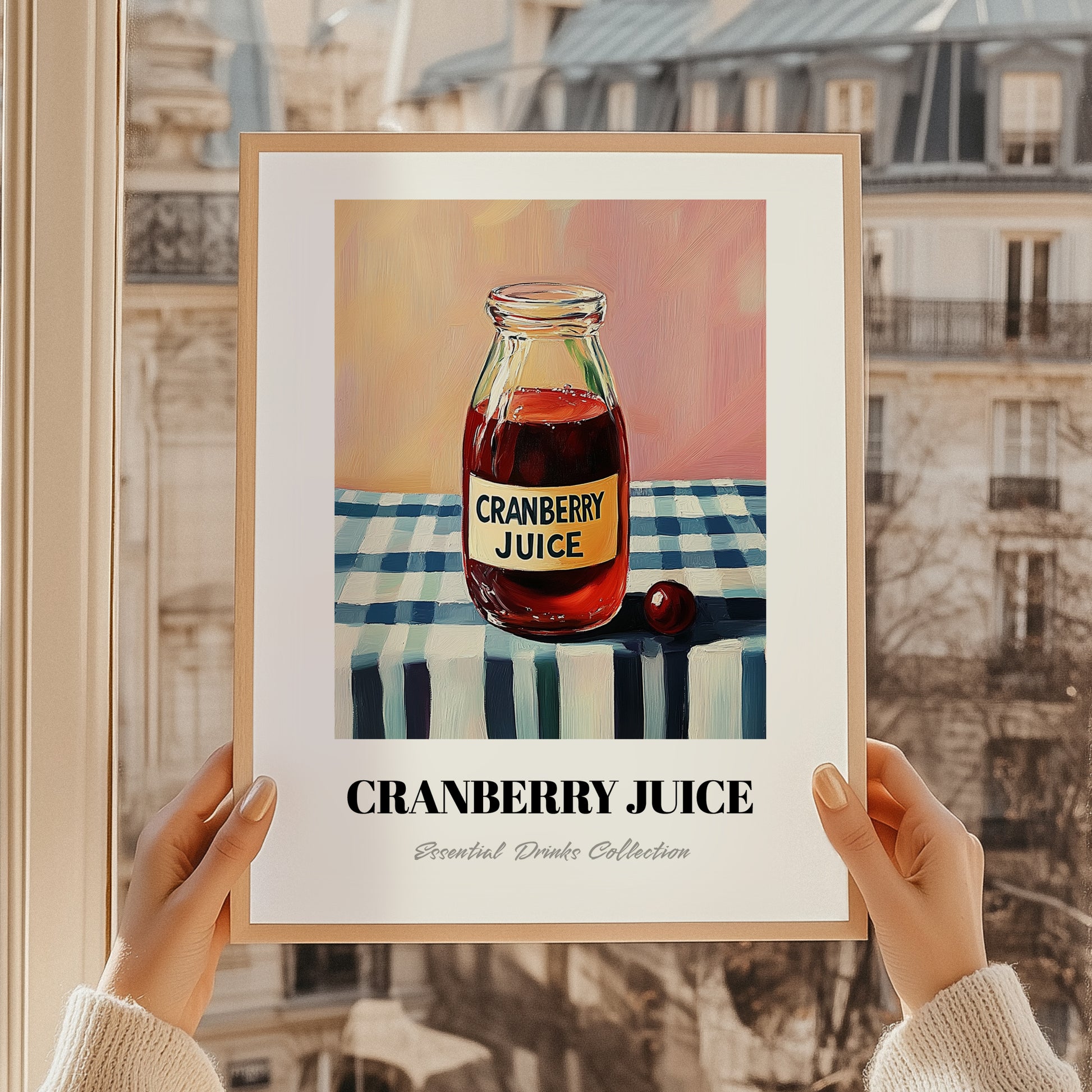 Cranberry Juice – on Striped Tablecloth, Lemonade Poster, styled in a charming Paris street view