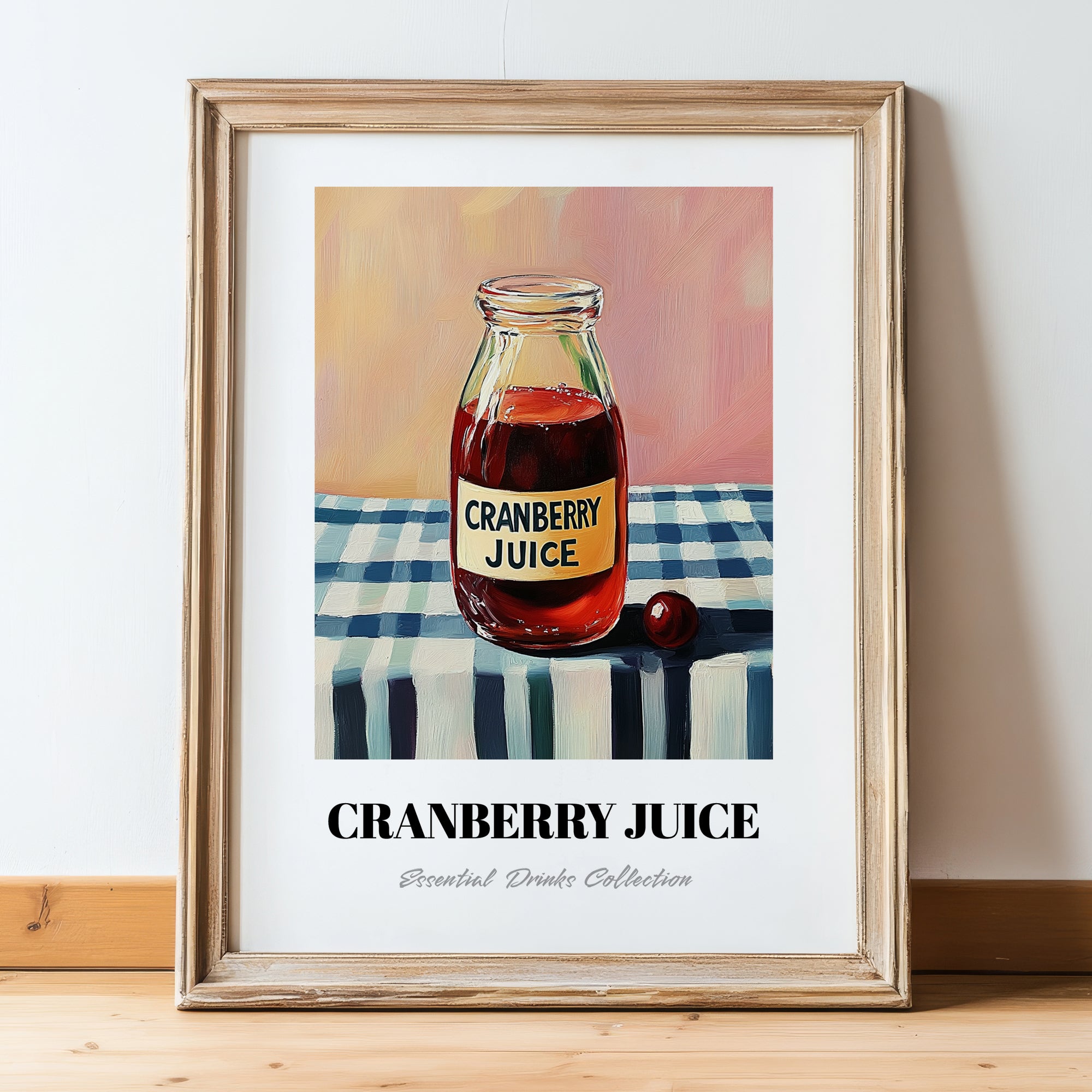 Cranberry Juice – on Striped Tablecloth, Lemonade Poster, in wooden frame leaning on the floor
