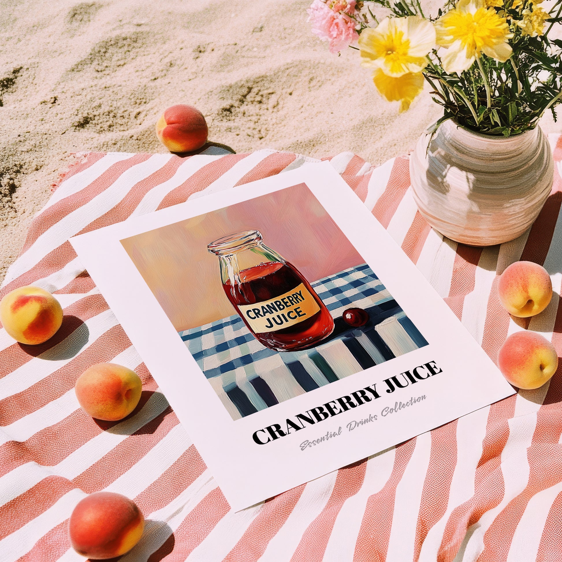 Cranberry Juice – on Striped Tablecloth, Lemonade Poster, unframed on coastal sand