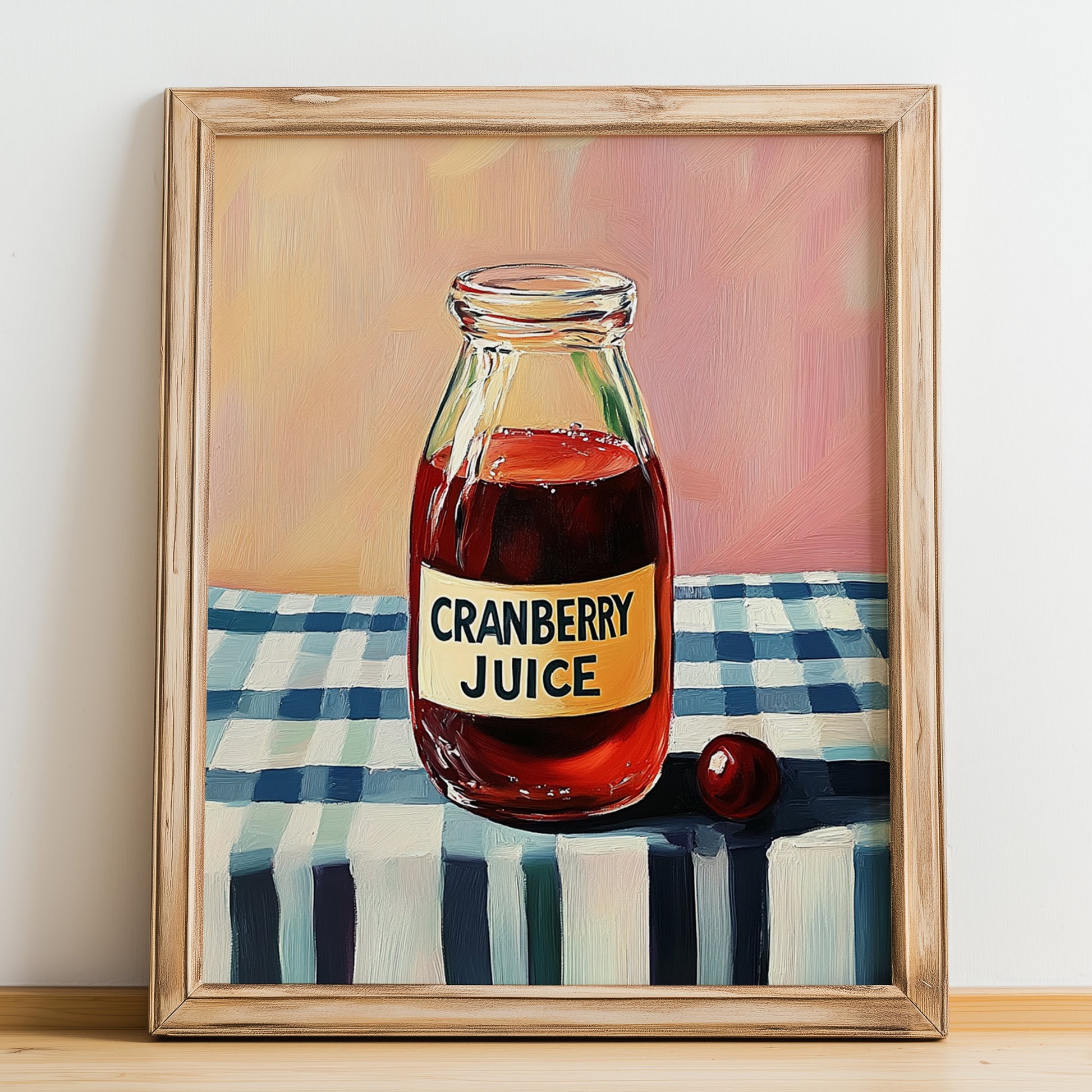 Cranberry Juice – on Striped Tablecloth, Lemonade Poster, no-text version framed in wood