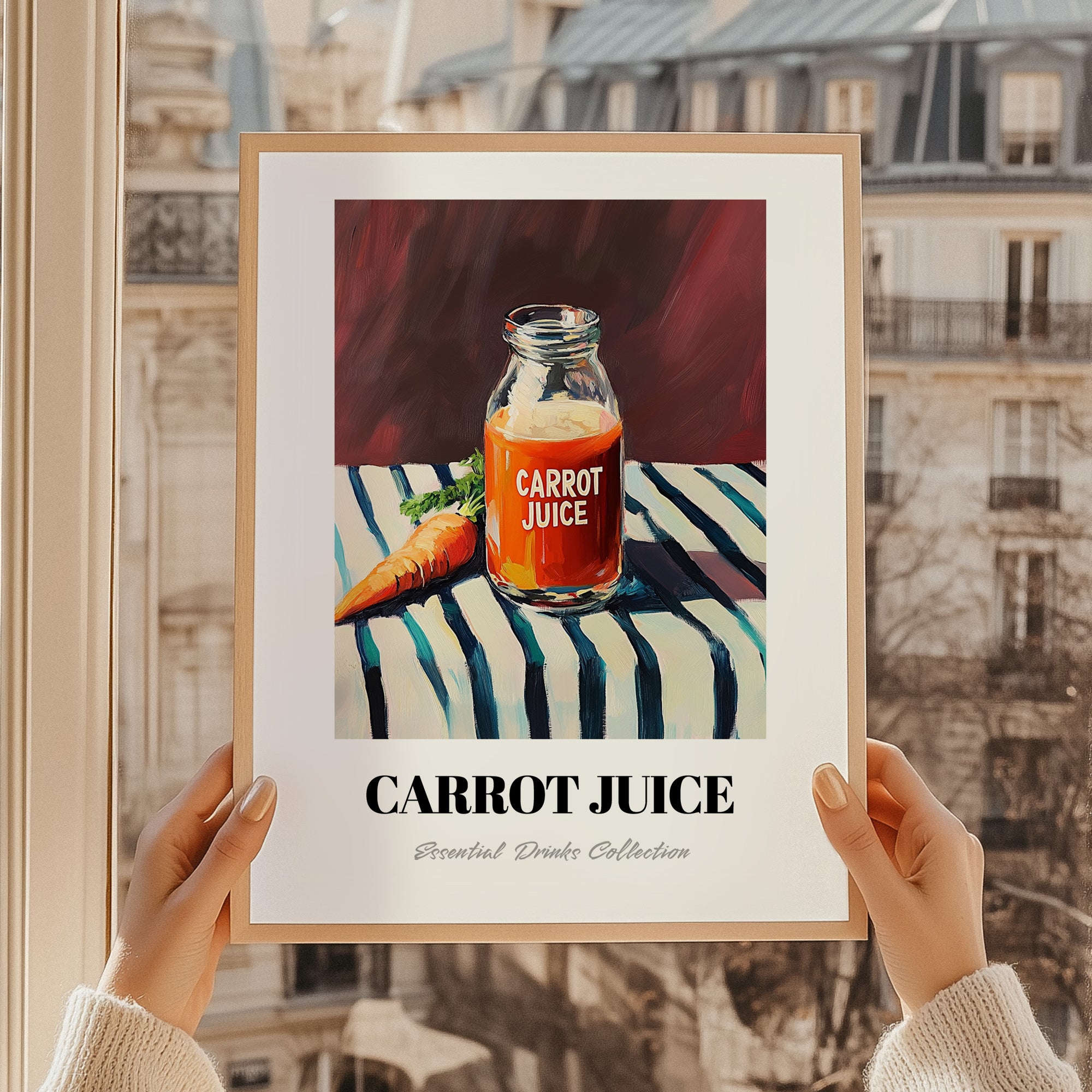 Carrot Juice – on Striped Tablecloth, Lemonade Wall Decor, styled in a charming Paris street view