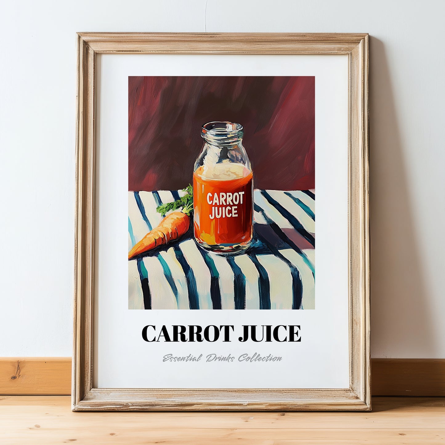 Carrot Juice – on Striped Tablecloth, Lemonade Wall Decor, in wooden frame leaning on the floor