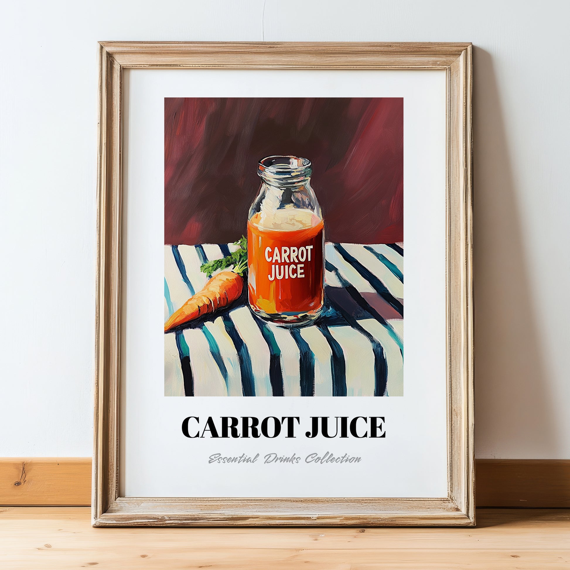 Carrot Juice – on Striped Tablecloth, Lemonade Wall Decor, in wooden frame leaning on the floor
