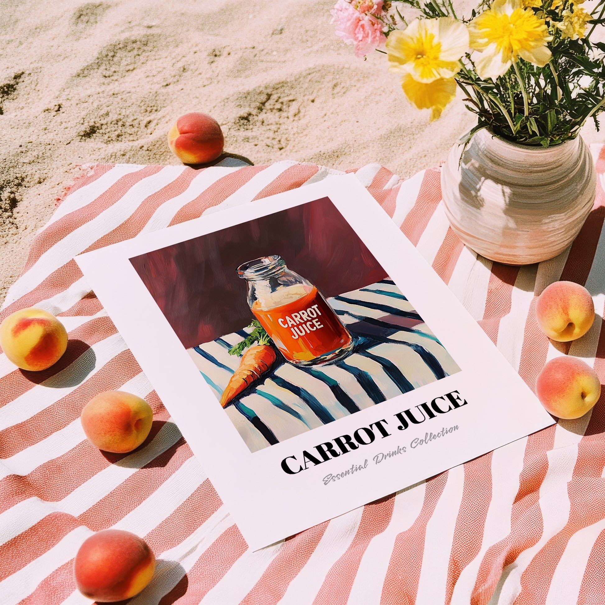 Carrot Juice – on Striped Tablecloth, Lemonade Wall Decor, unframed on coastal sand
