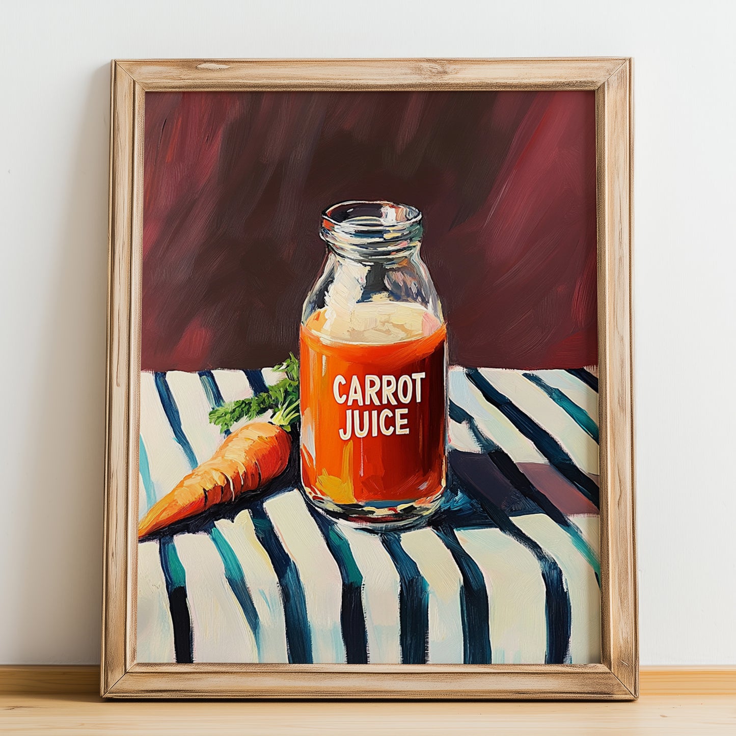 Carrot Juice – on Striped Tablecloth, Lemonade Wall Decor, no-text version framed in wood