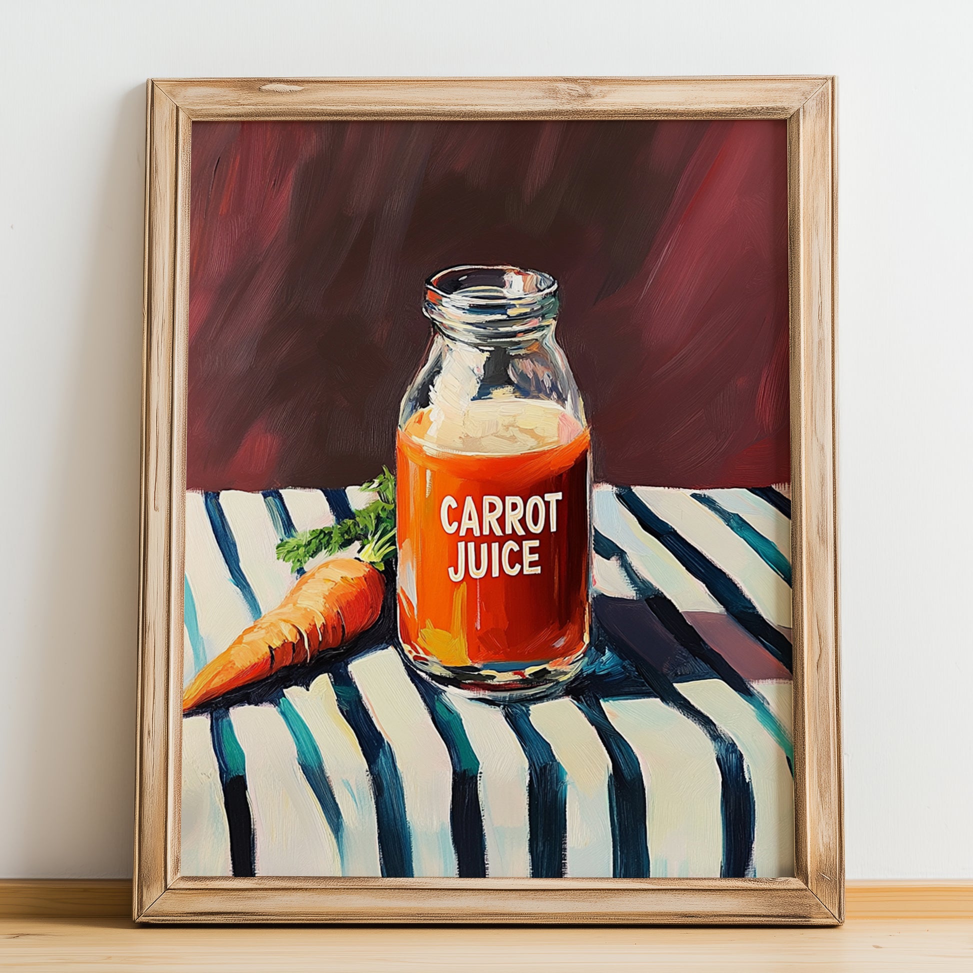 Carrot Juice – on Striped Tablecloth, Lemonade Wall Decor, no-text version framed in wood