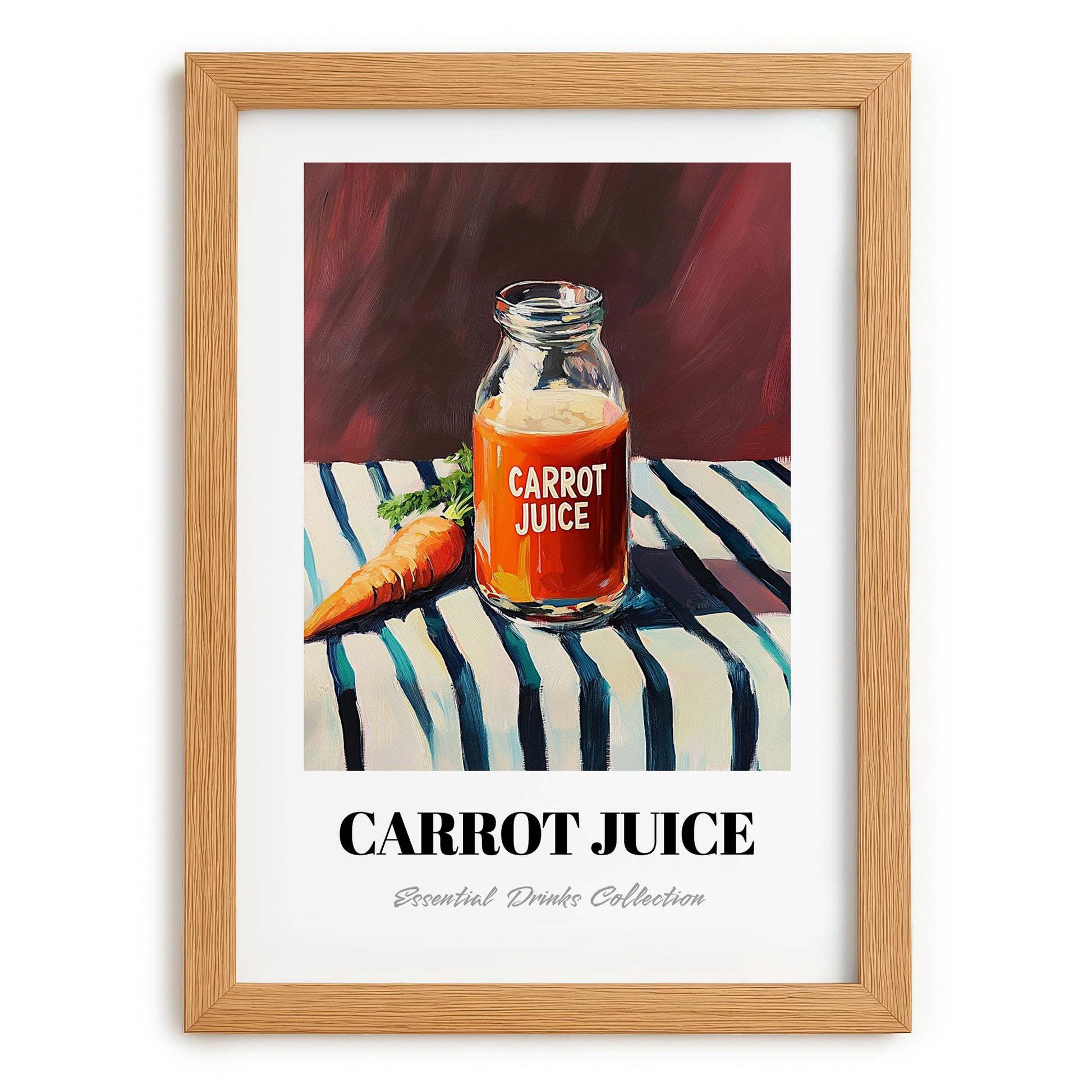 Carrot Juice – on Striped Tablecloth, Lemonade Wall Decor, set in oak frame
