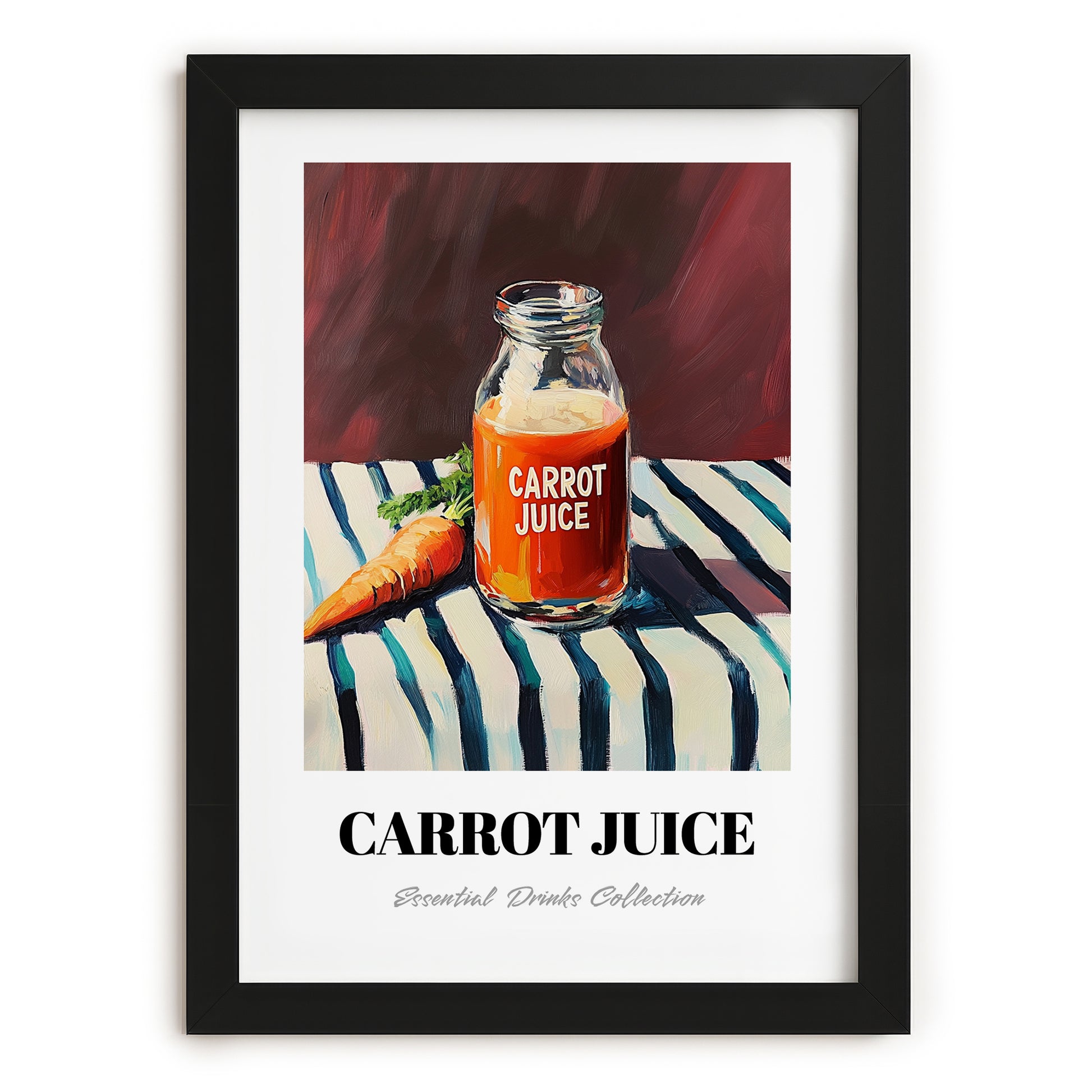 Carrot Juice – on Striped Tablecloth, Lemonade Wall Decor, in sleek black frame