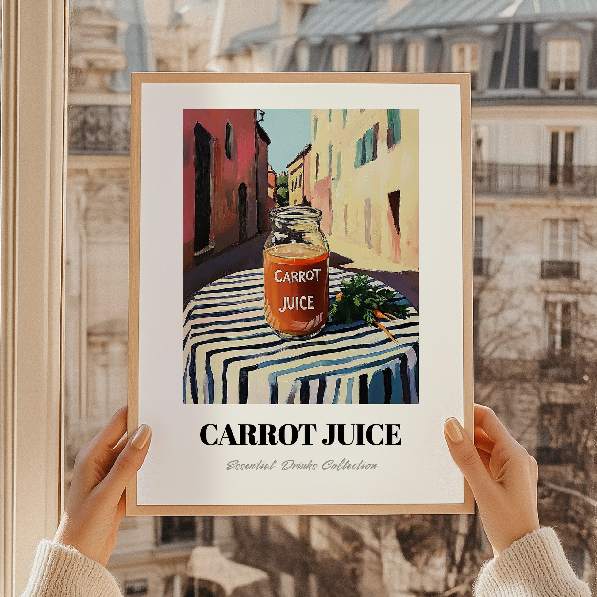 Carrot Juice – Italian Street Café Scene, Lemonade Painting, styled in a charming Paris street view