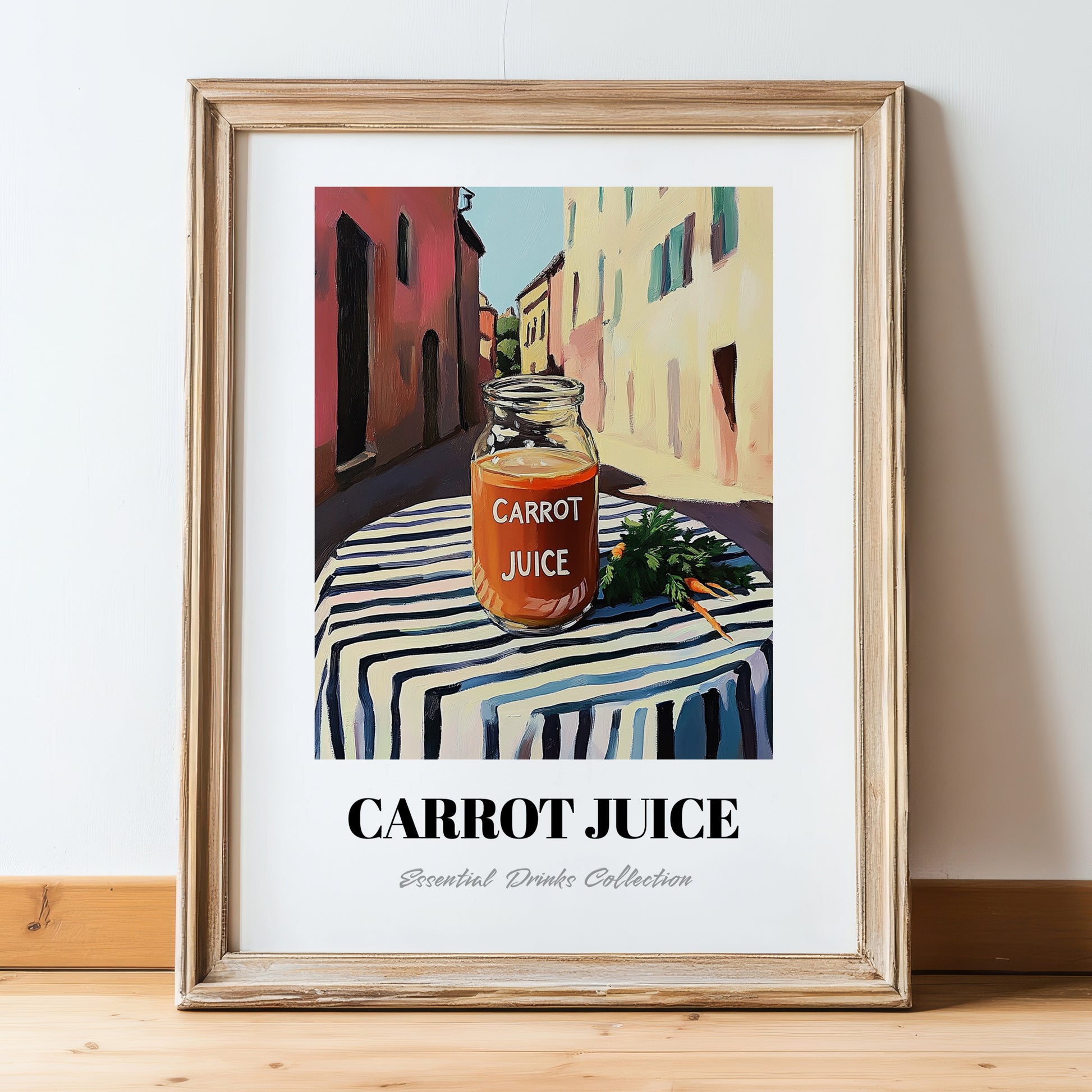 Carrot Juice – Italian Street Café Scene, Lemonade Painting, in wooden frame leaning on the floor
